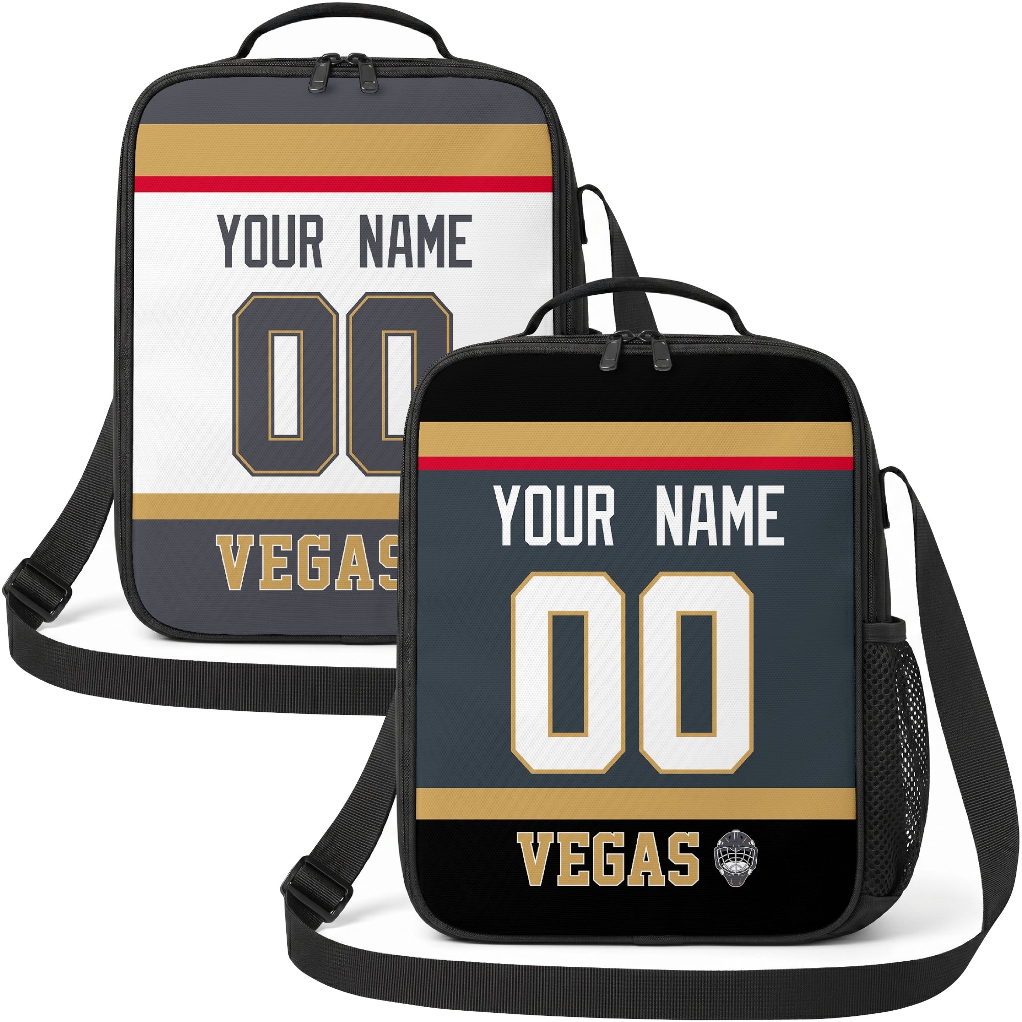 Personalized Vegas hockey shoulder bag showing both gray and white city-color styles