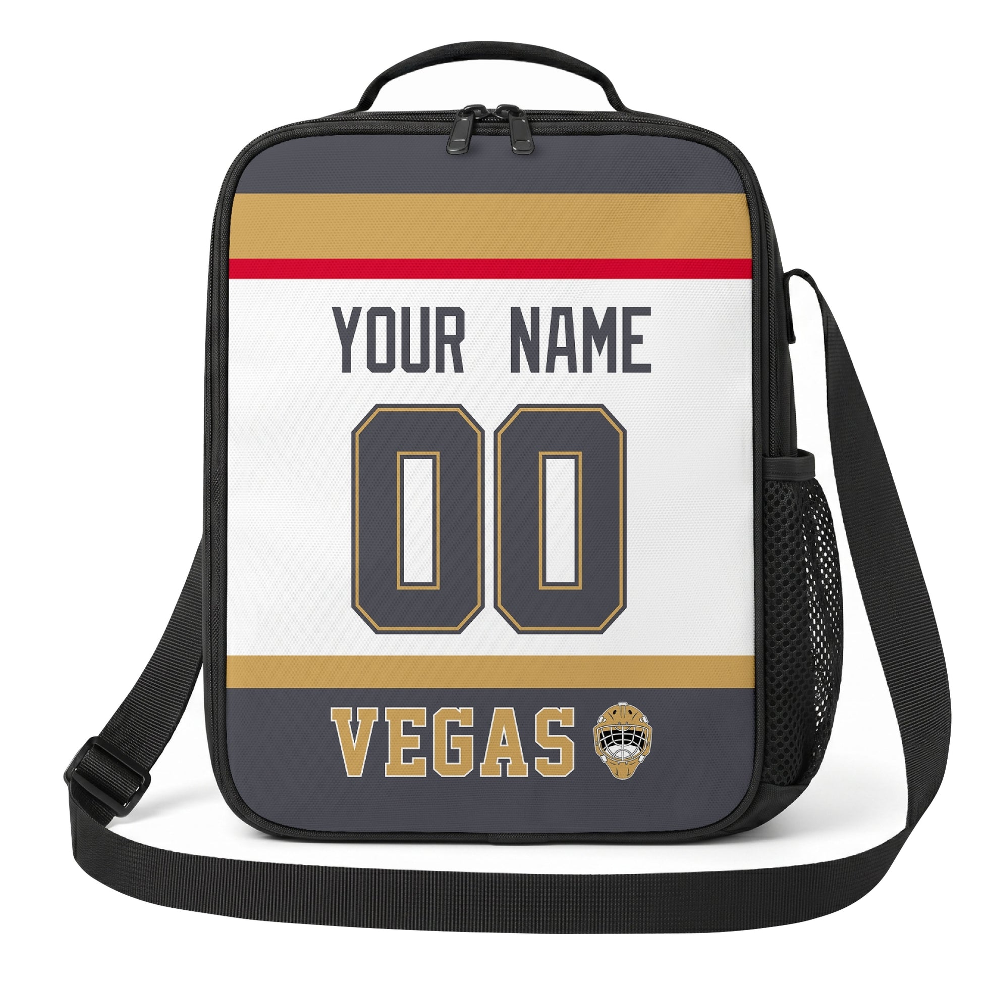 Vegas hockey shoulder bag front view in White city-color style with custom name and number