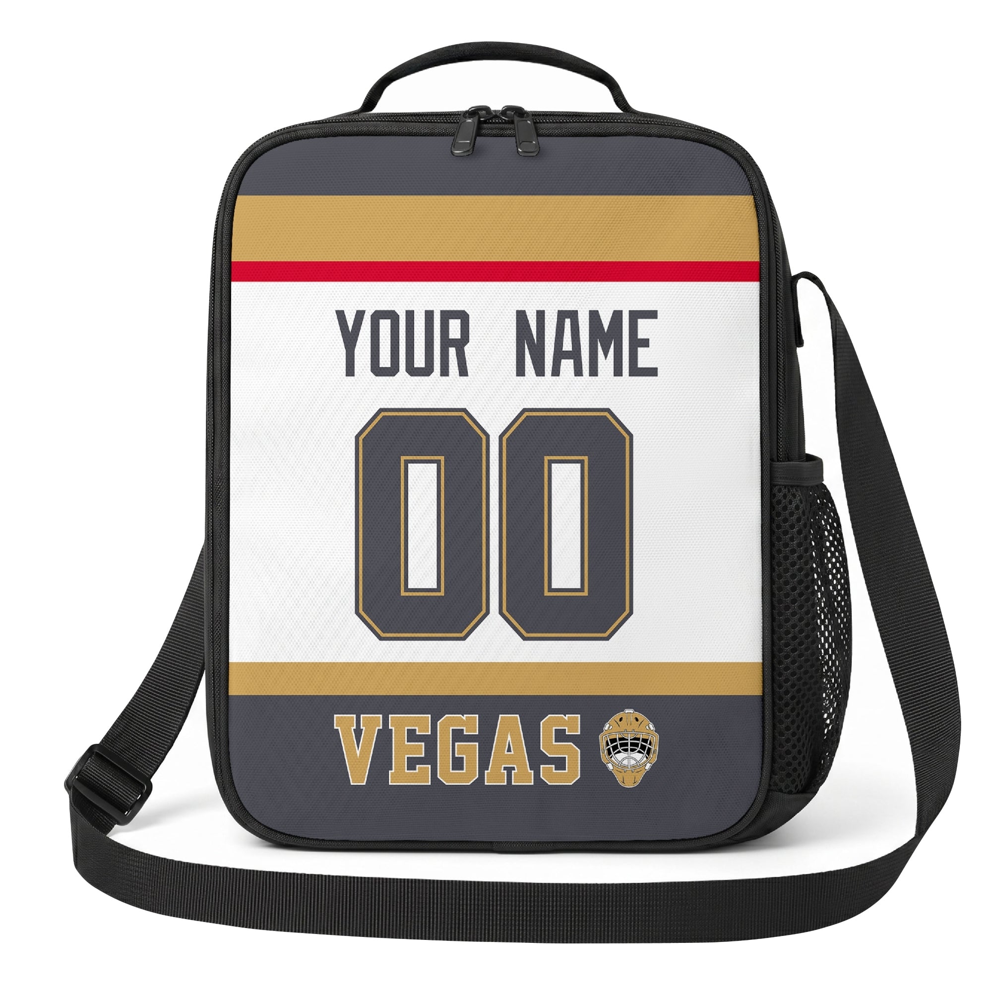 Vegas hockey shoulder bag front view in White city-color style with custom name and number