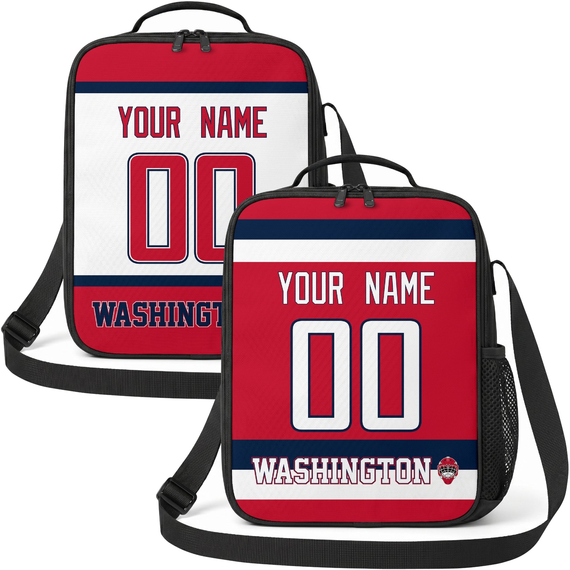 Personalized Washington hockey shoulder bag showing both red and white city-color styles