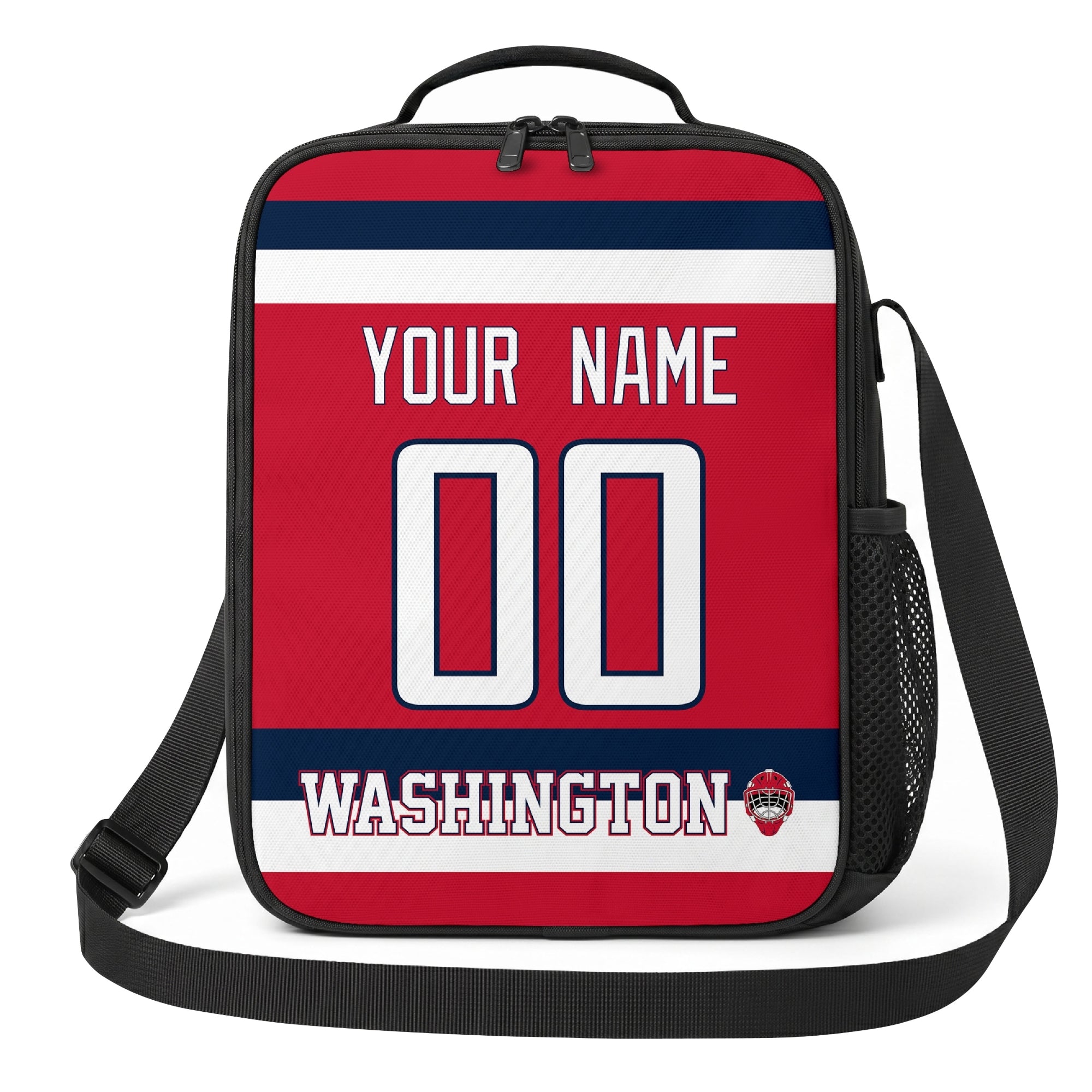 Washington hockey shoulder bag front view in Red city-color style with custom name and number