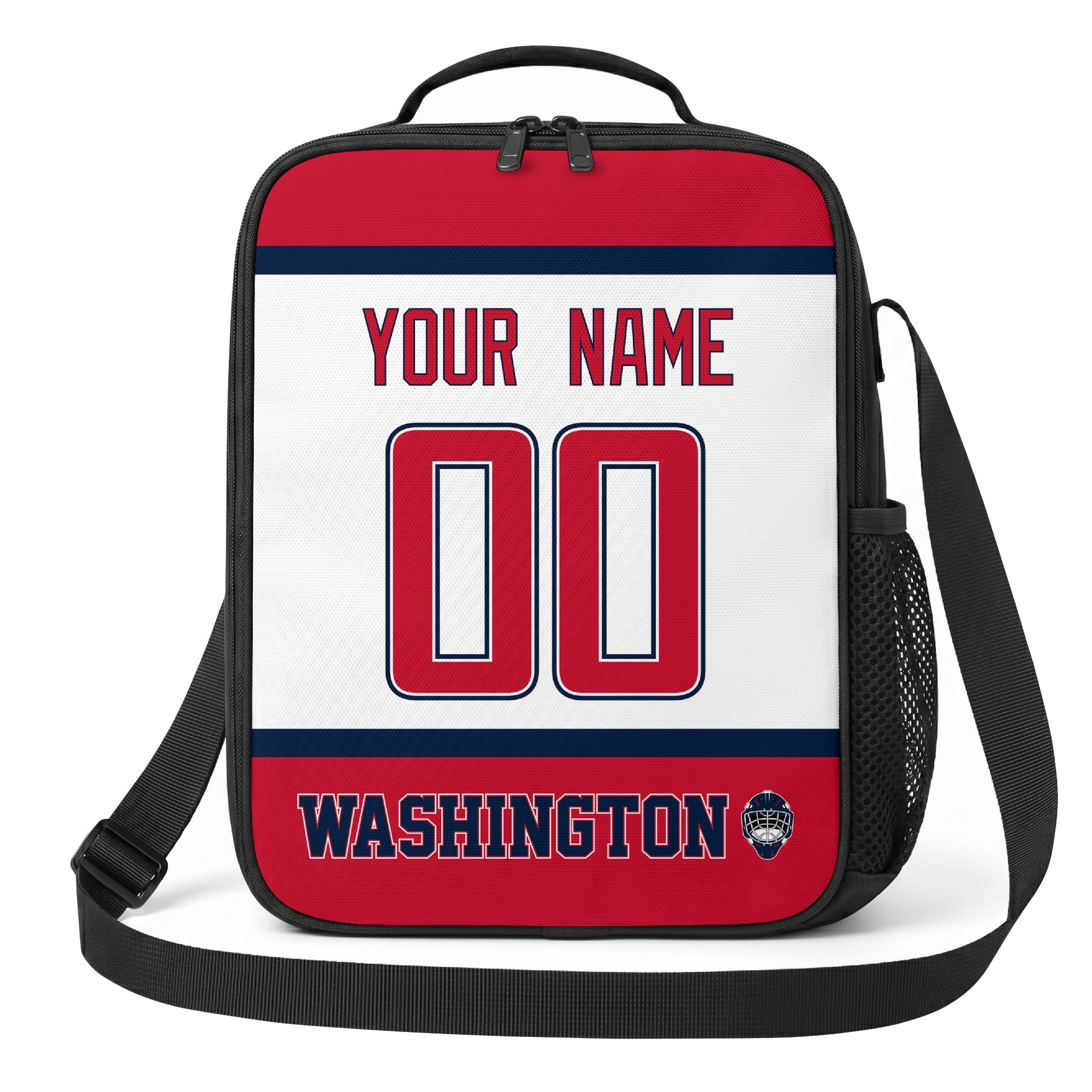 Washington hockey shoulder bag front view in White city-color style with custom name and number