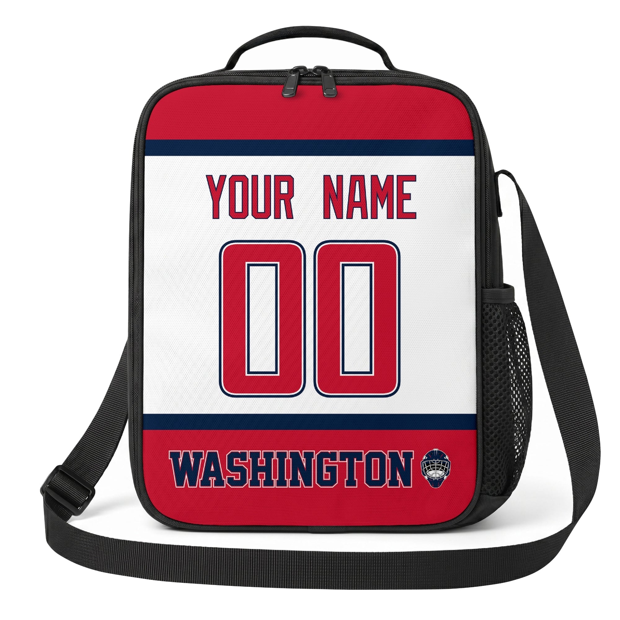 Washington hockey shoulder bag front view in White city-color style with custom name and number