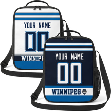 Personalized Winnipeg hockey shoulder bag showing both navy and white city-color styles