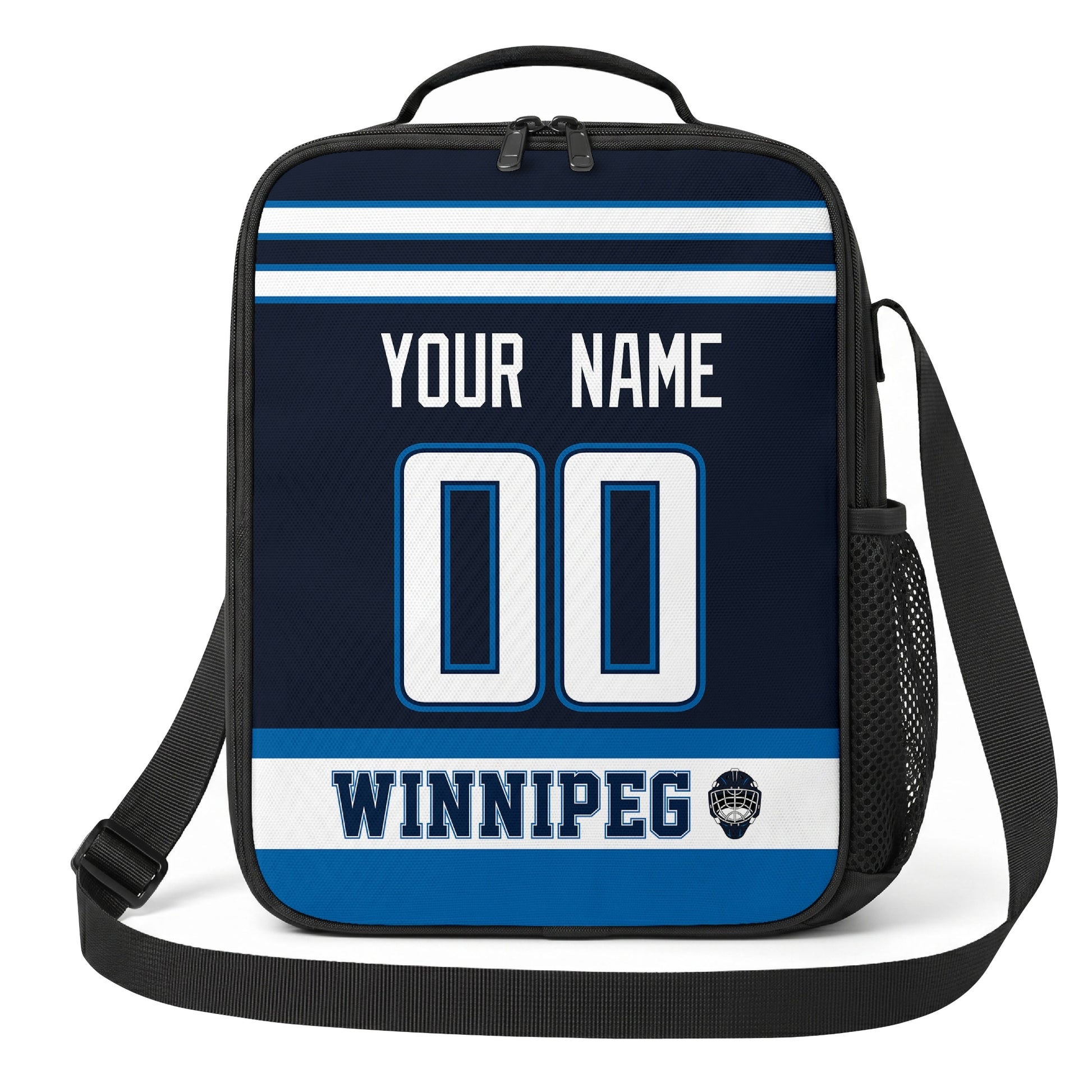 Winnipeg hockey shoulder bag front view in Navy city-color style with custom name and number
