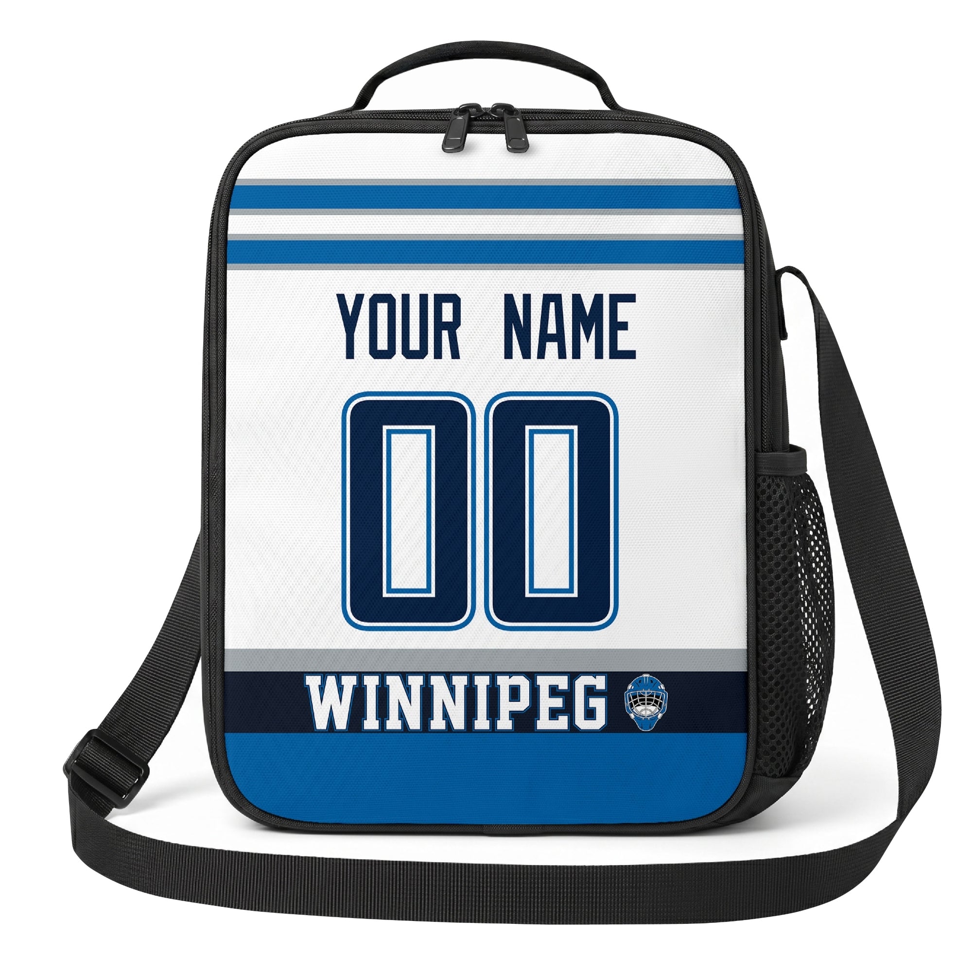Winnipeg hockey shoulder bag front view in White city-color style with custom name and number