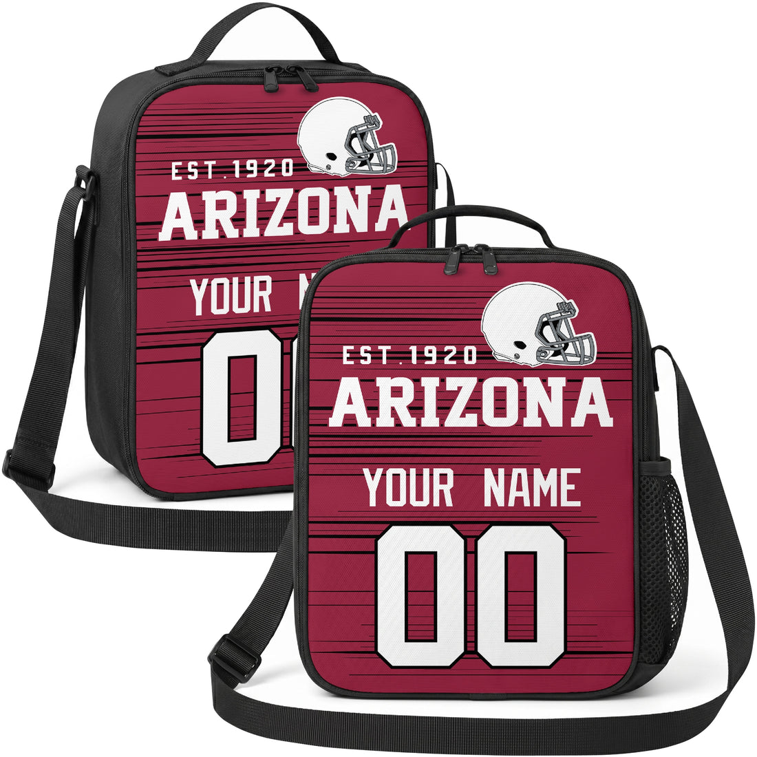 Arizona personalized football shoulder bag in red black and white showing front and angled views with custom name and number