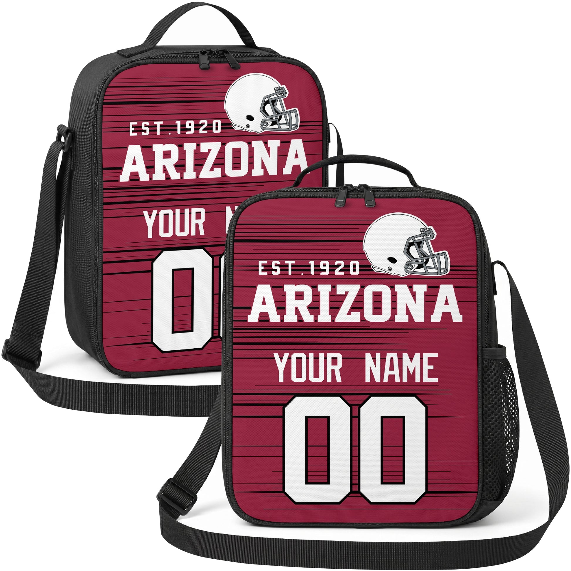 Arizona personalized football shoulder bag in red black and white showing front and angled views with custom name and number