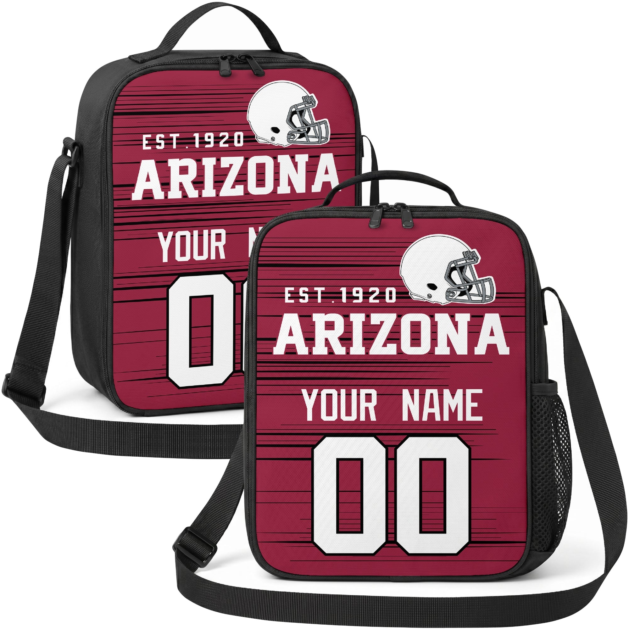 Arizona personalized football shoulder bag in red black and white showing front and angled views with custom name and number