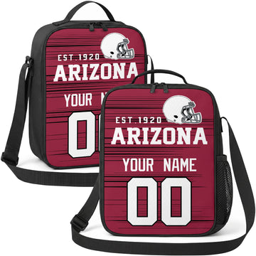 Arizona personalized football shoulder bag in red black and white showing front and angled views with custom name and number