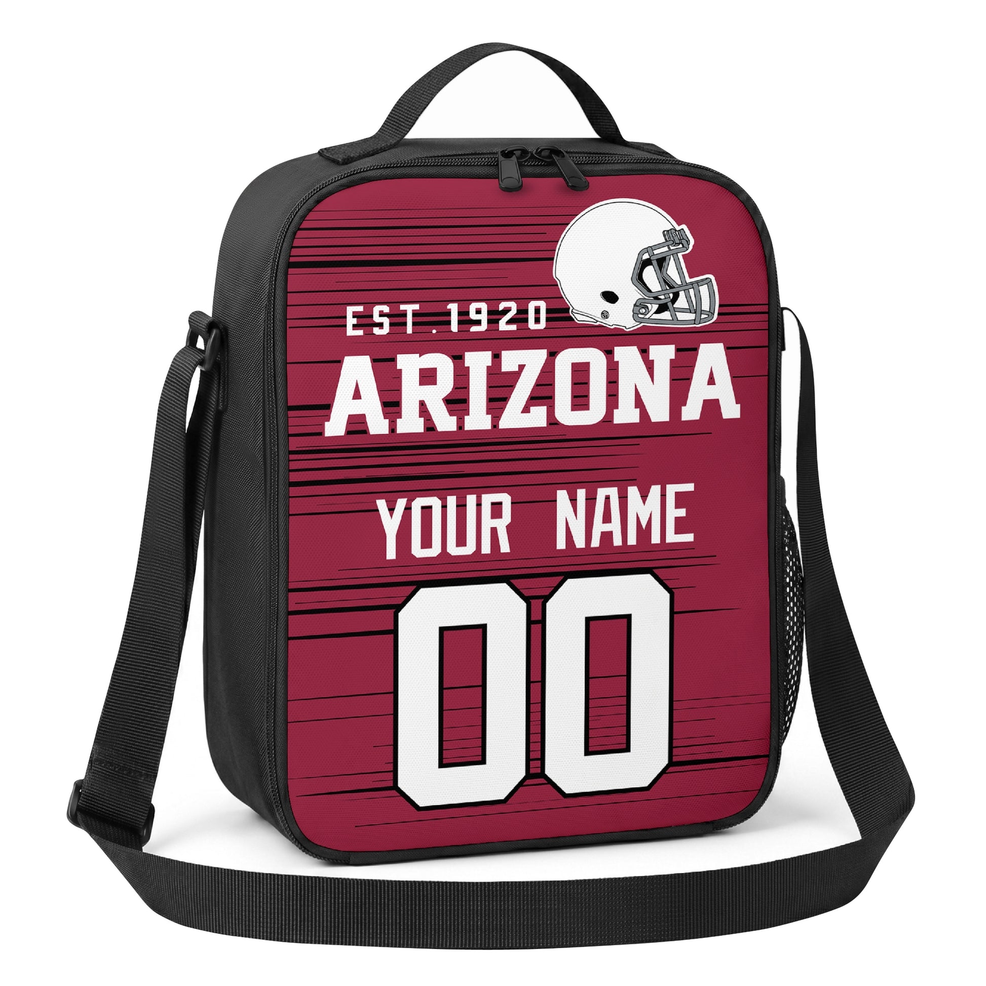 Arizona red black and white personalized football shoulder bag angled view with top handle and shoulder strap