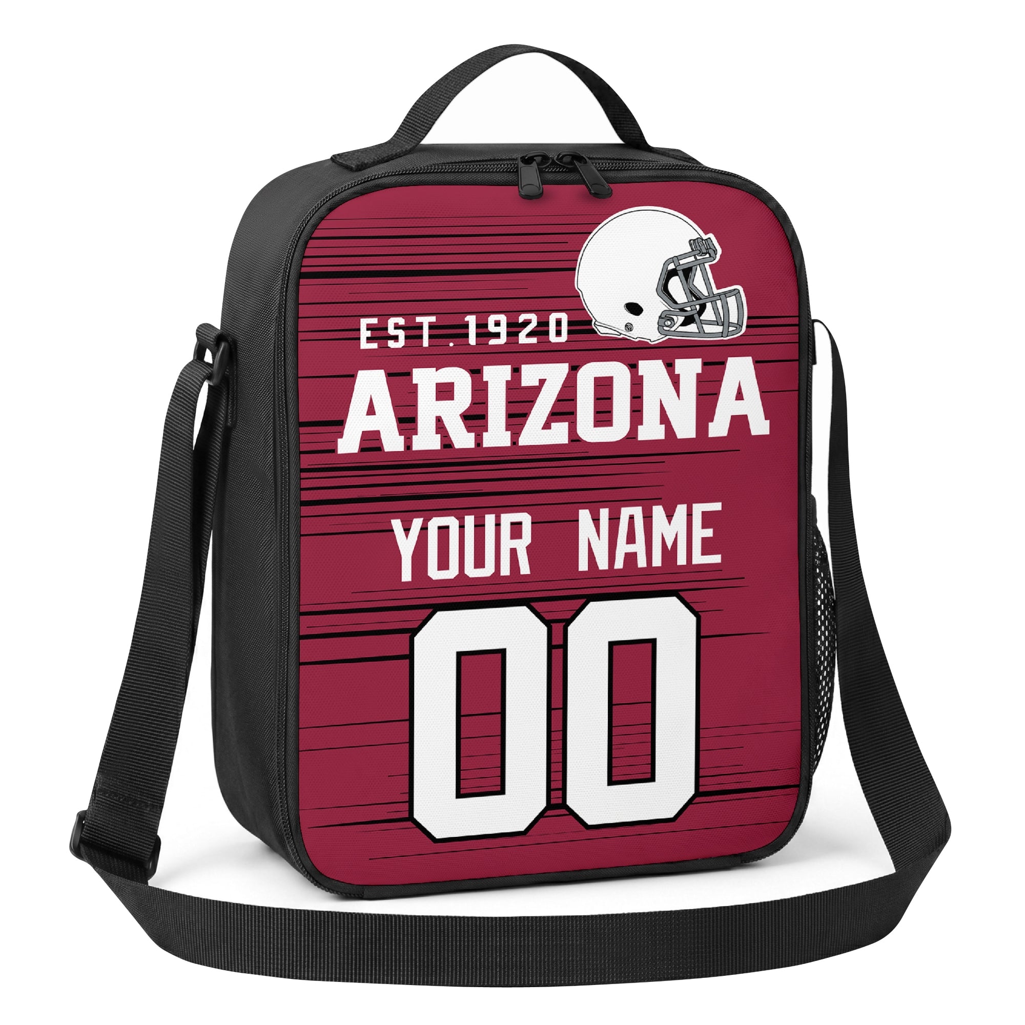 Arizona red black and white personalized football shoulder bag angled view with top handle and shoulder strap