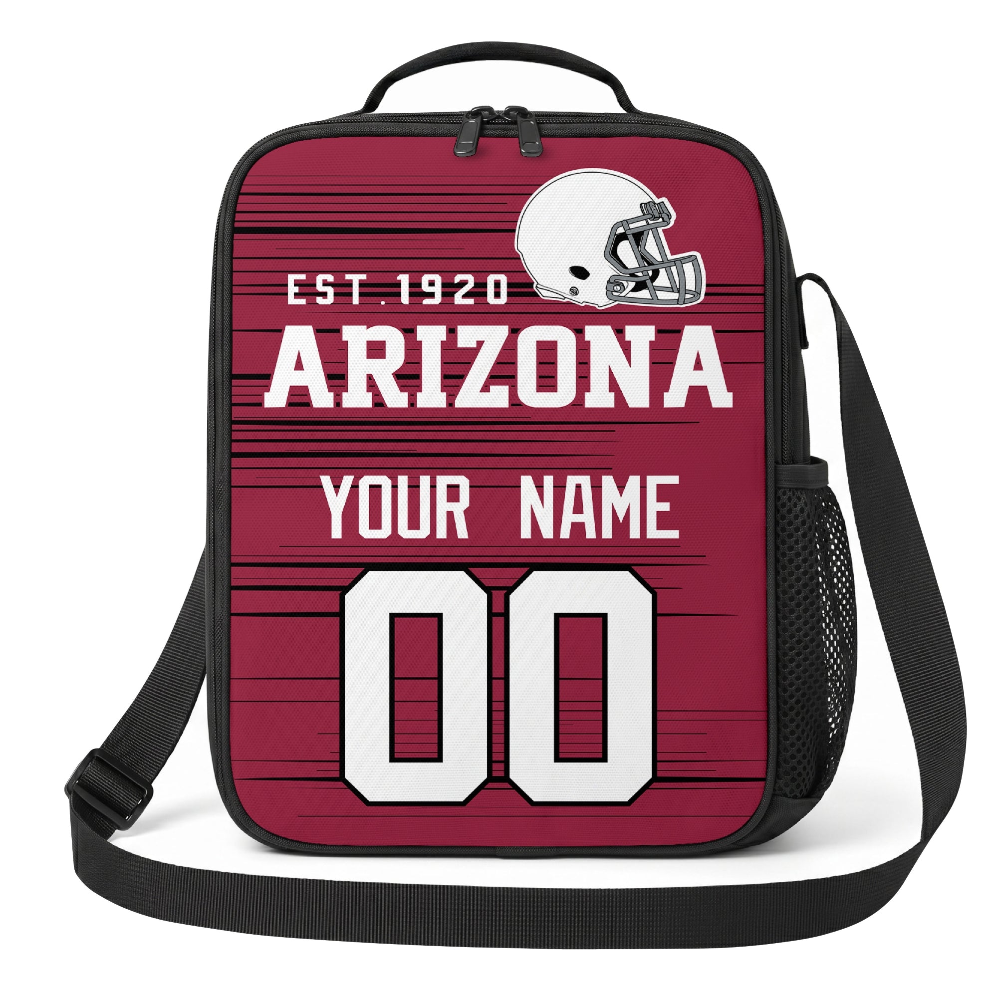 Arizona red black and white personalized football shoulder bag alternate angled view with side mesh pocket and custom name number design