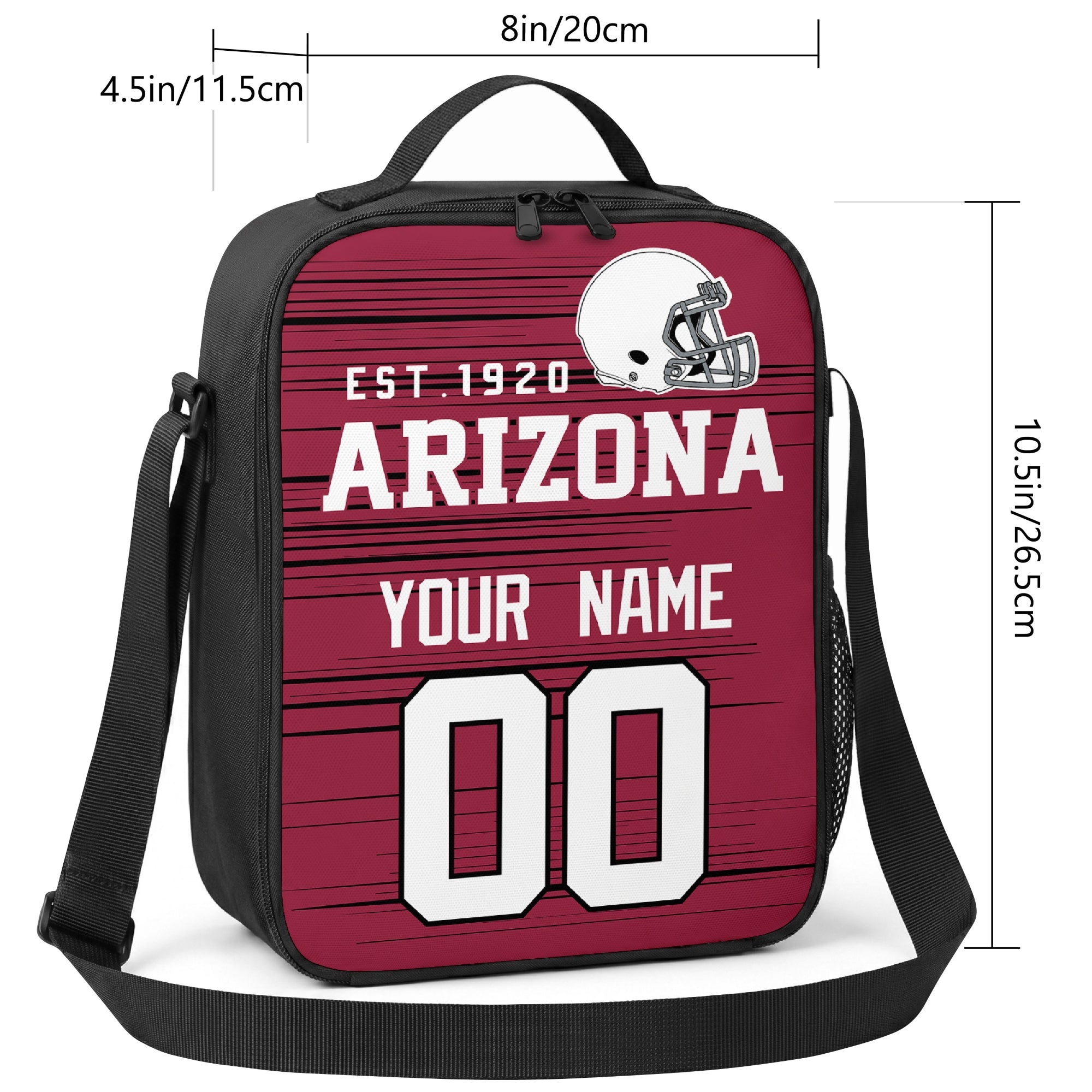 Arizona personalized football shoulder bag size guide showing 8 inch width 4.5 inch depth and 10.5 inch height