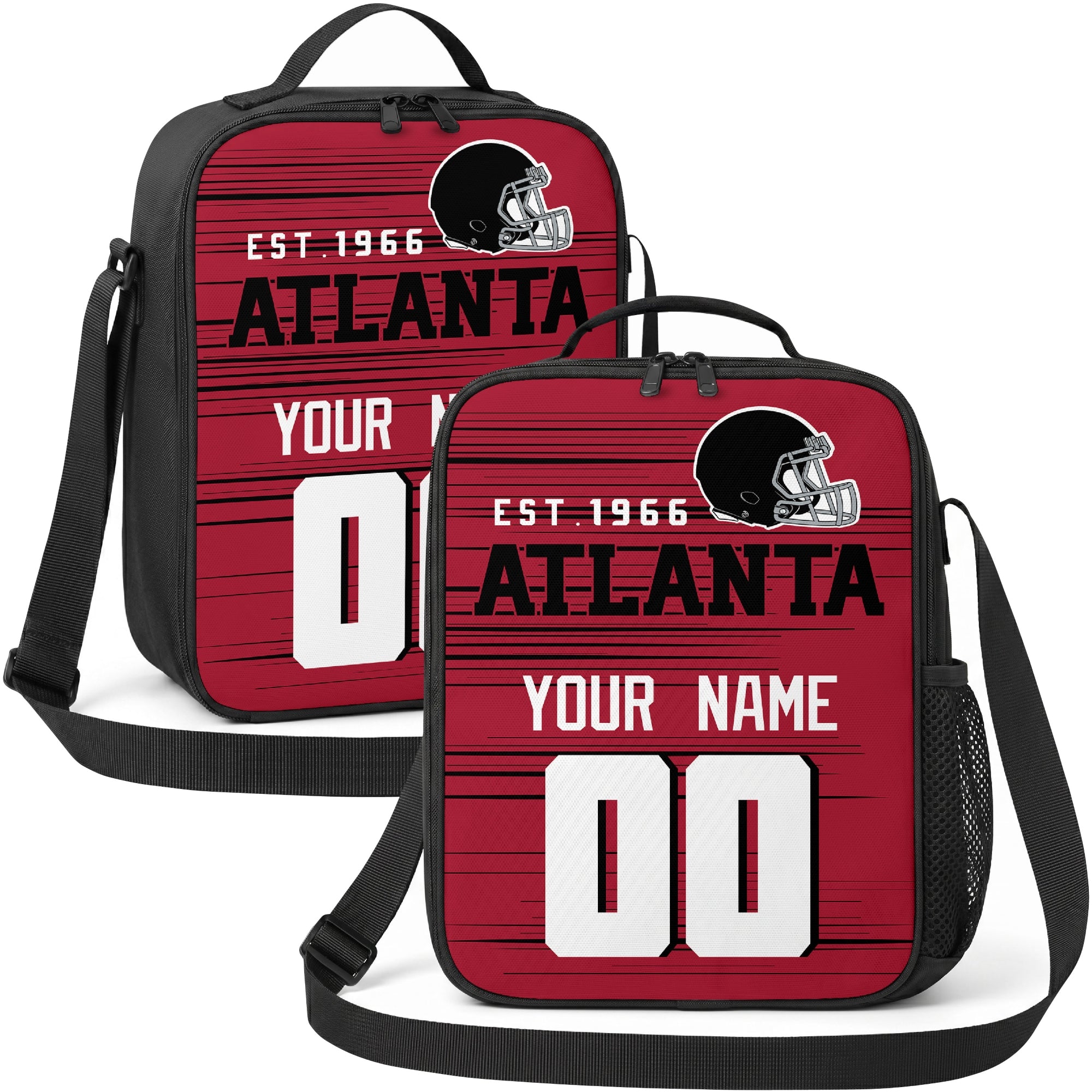 Atlanta personalized football shoulder bag in red black and white showing front and angled views with custom name and number