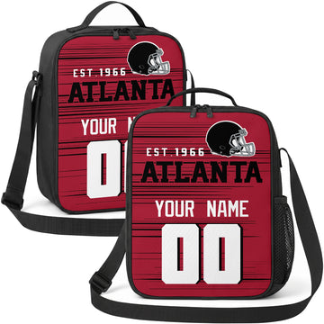 Atlanta personalized football shoulder bag in red black and white showing front and angled views with custom name and number