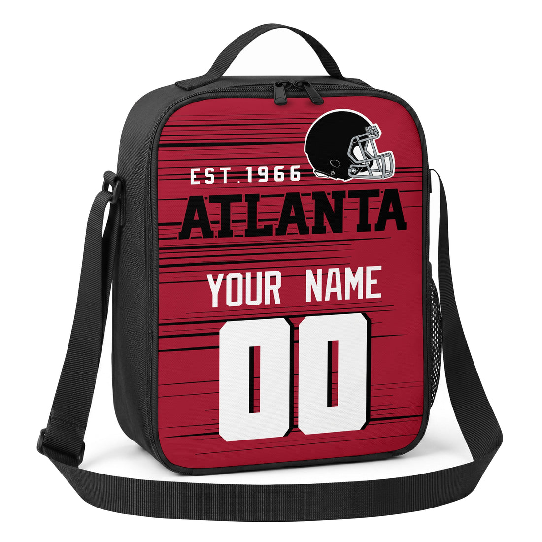Atlanta personalized football shoulder bag in red black and white showing front and angled views with custom name and number