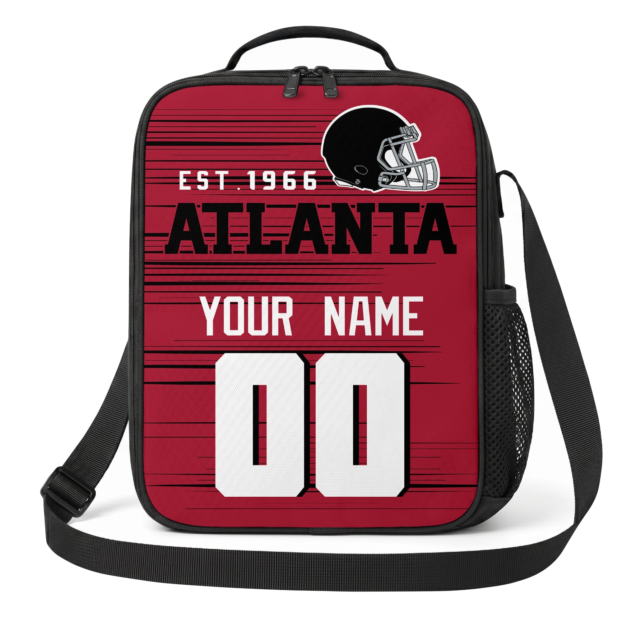 Atlanta red black and white personalized football shoulder bag alternate angled view with side mesh pocket and custom name number design