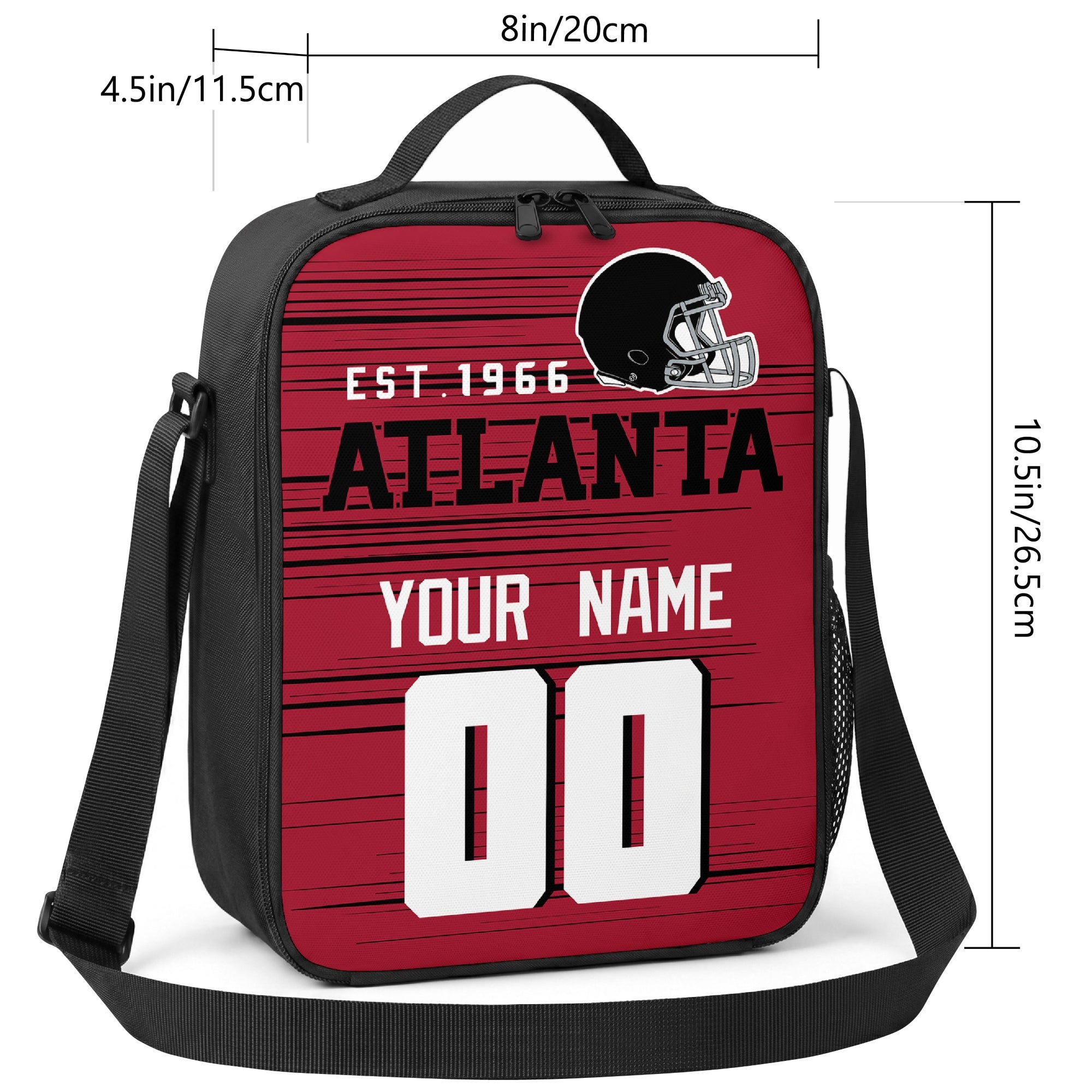 Atlanta personalized football shoulder bag size guide showing 8 inch width 4.5 inch depth and 10.5 inch height