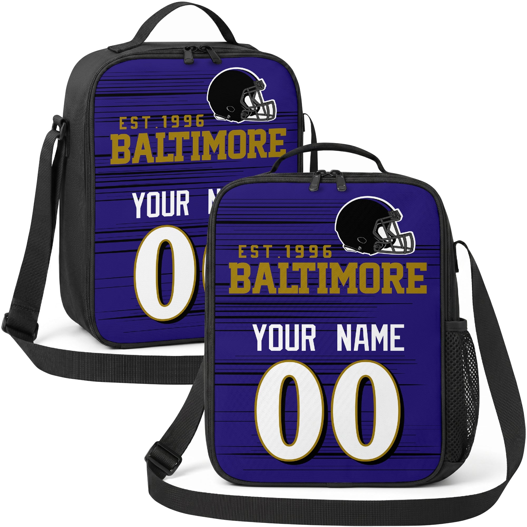 Baltimore personalized football shoulder bag in purple black and gold showing front and angled views with custom name and number