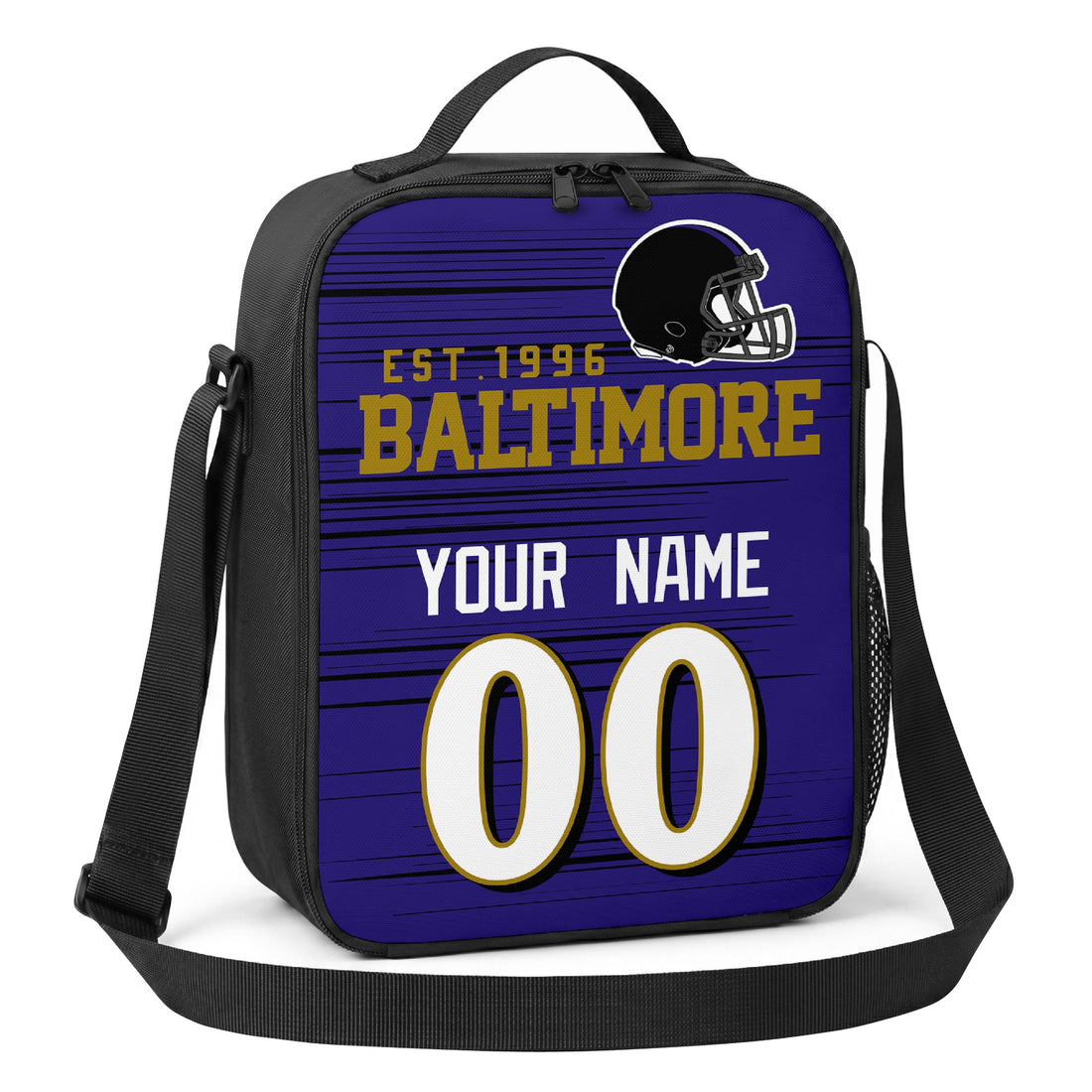 Baltimore personalized football shoulder bag in purple black and gold showing front and angled views with custom name and number