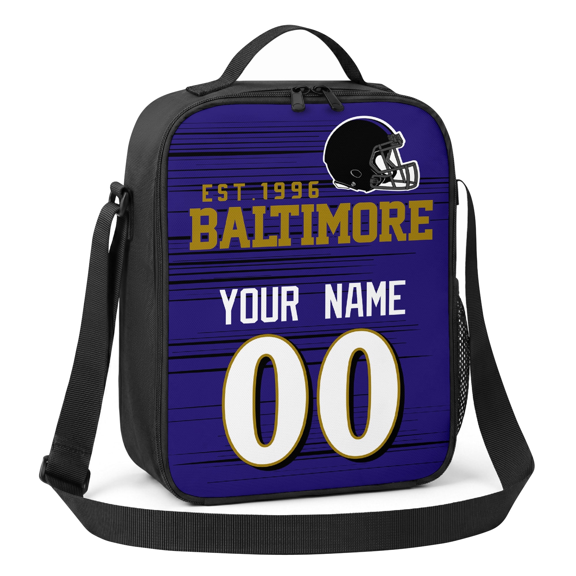Baltimore purple black and gold personalized football shoulder bag angled view with top handle and shoulder strap