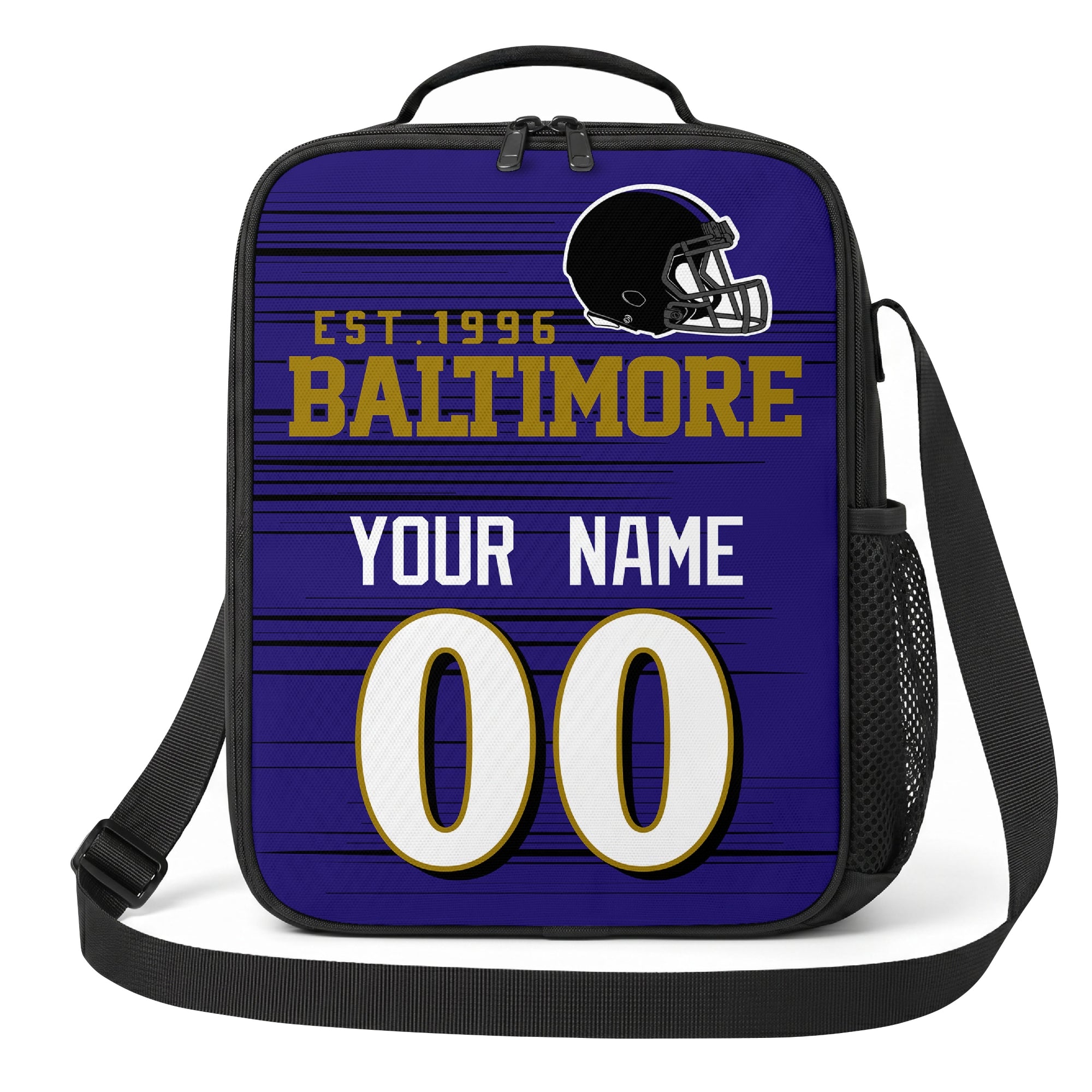 Baltimore purple black and gold personalized football shoulder bag alternate angled view with side mesh pocket and custom name number design
