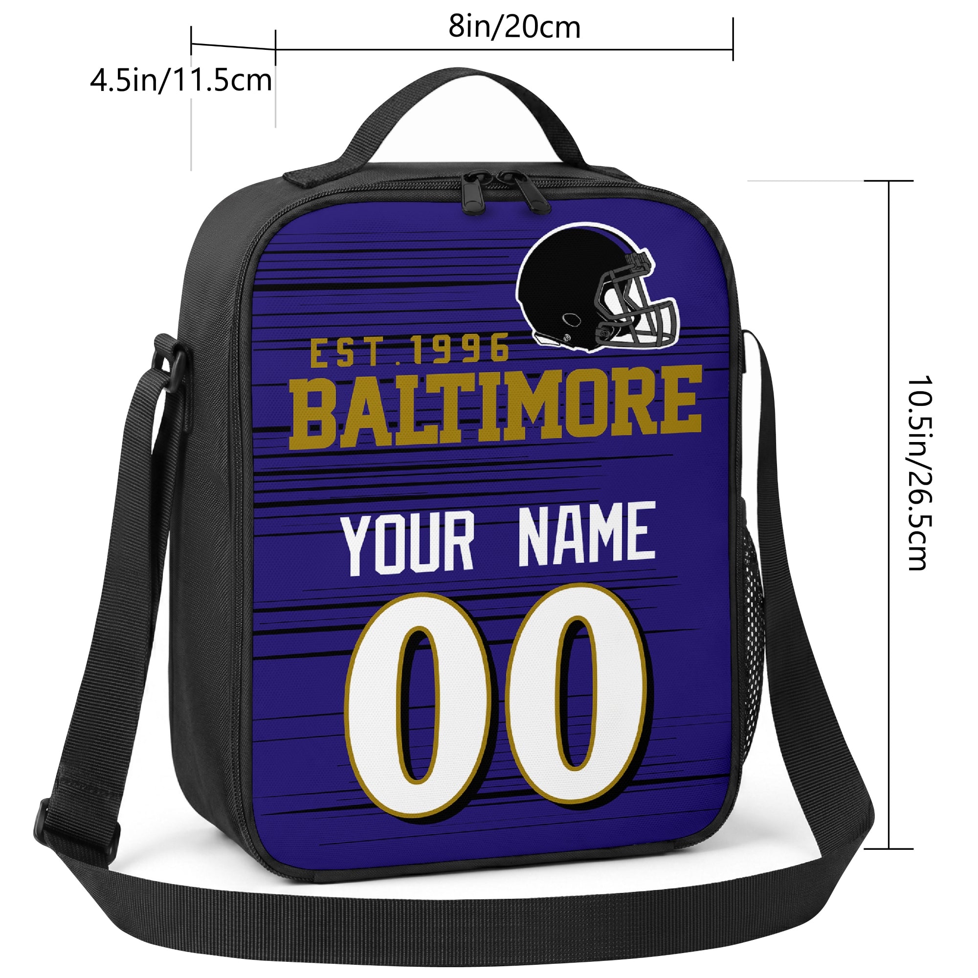 Baltimore personalized football shoulder bag size guide showing 8 inch width 4.5 inch depth and 10.5 inch height