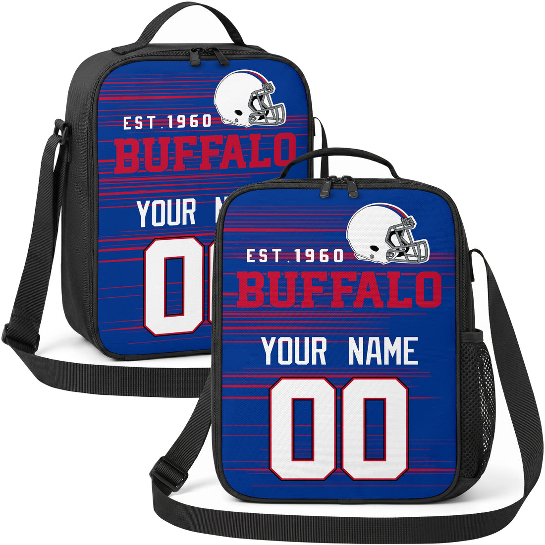 Buffalo personalized football shoulder bag in blue red and white showing front and angled views with custom name and number
