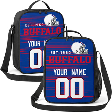 Buffalo personalized football shoulder bag in blue red and white showing front and angled views with custom name and number