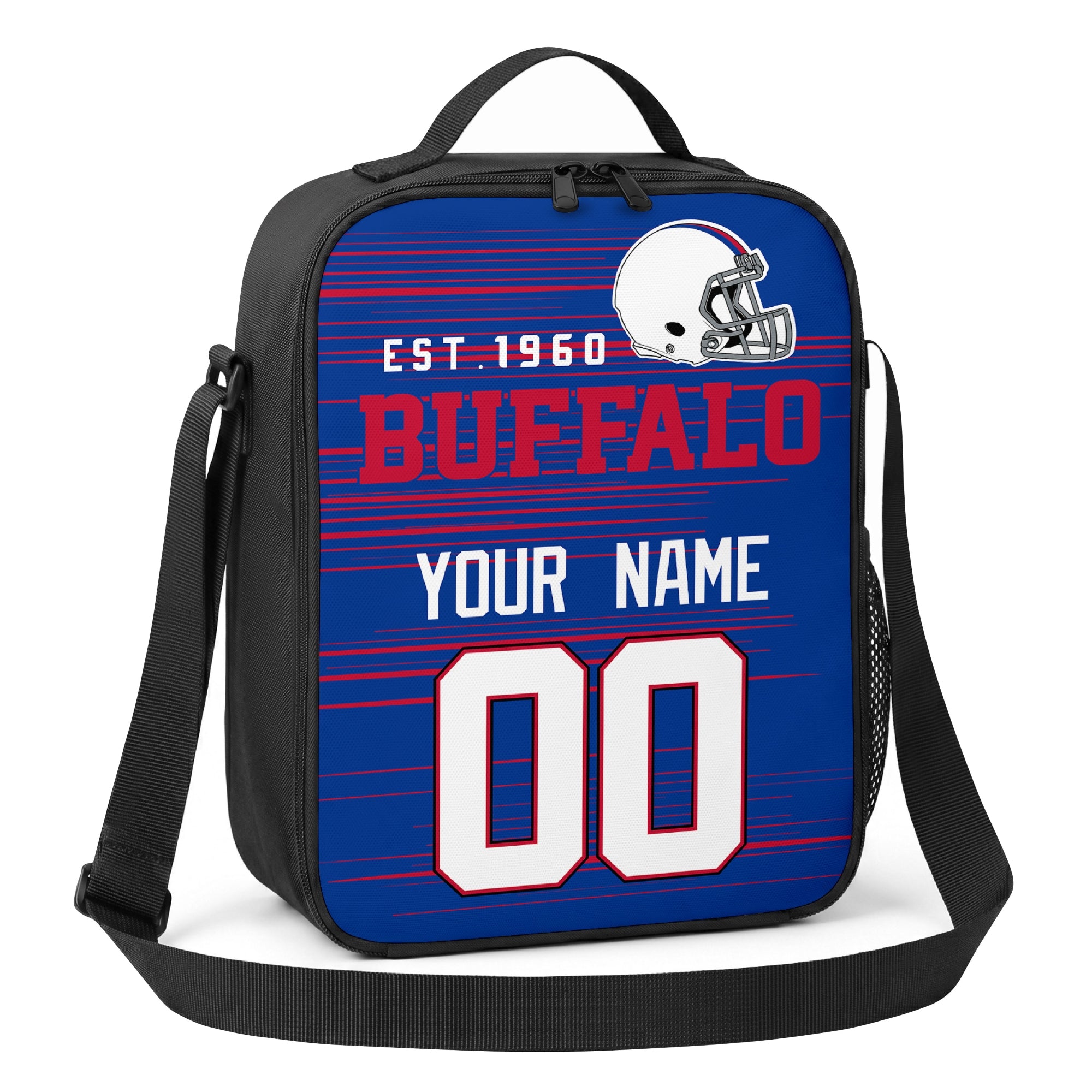 Buffalo blue red and white personalized football shoulder bag angled view with top handle and shoulder strap