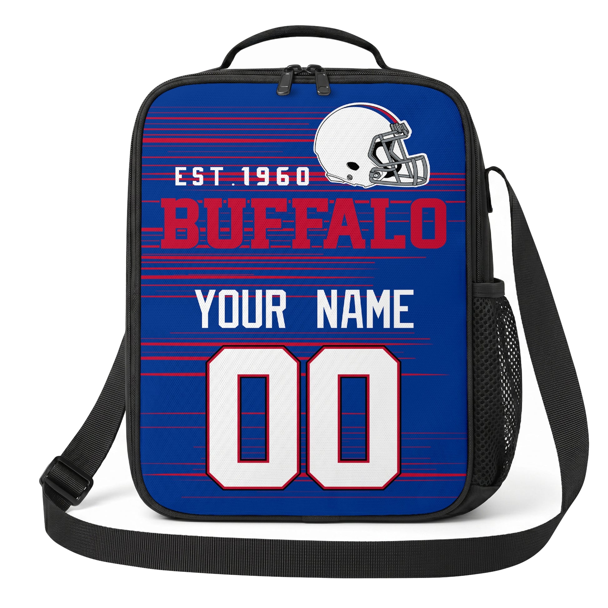 Buffalo blue red and white personalized football shoulder bag alternate angled view with side mesh pocket and custom name number design
