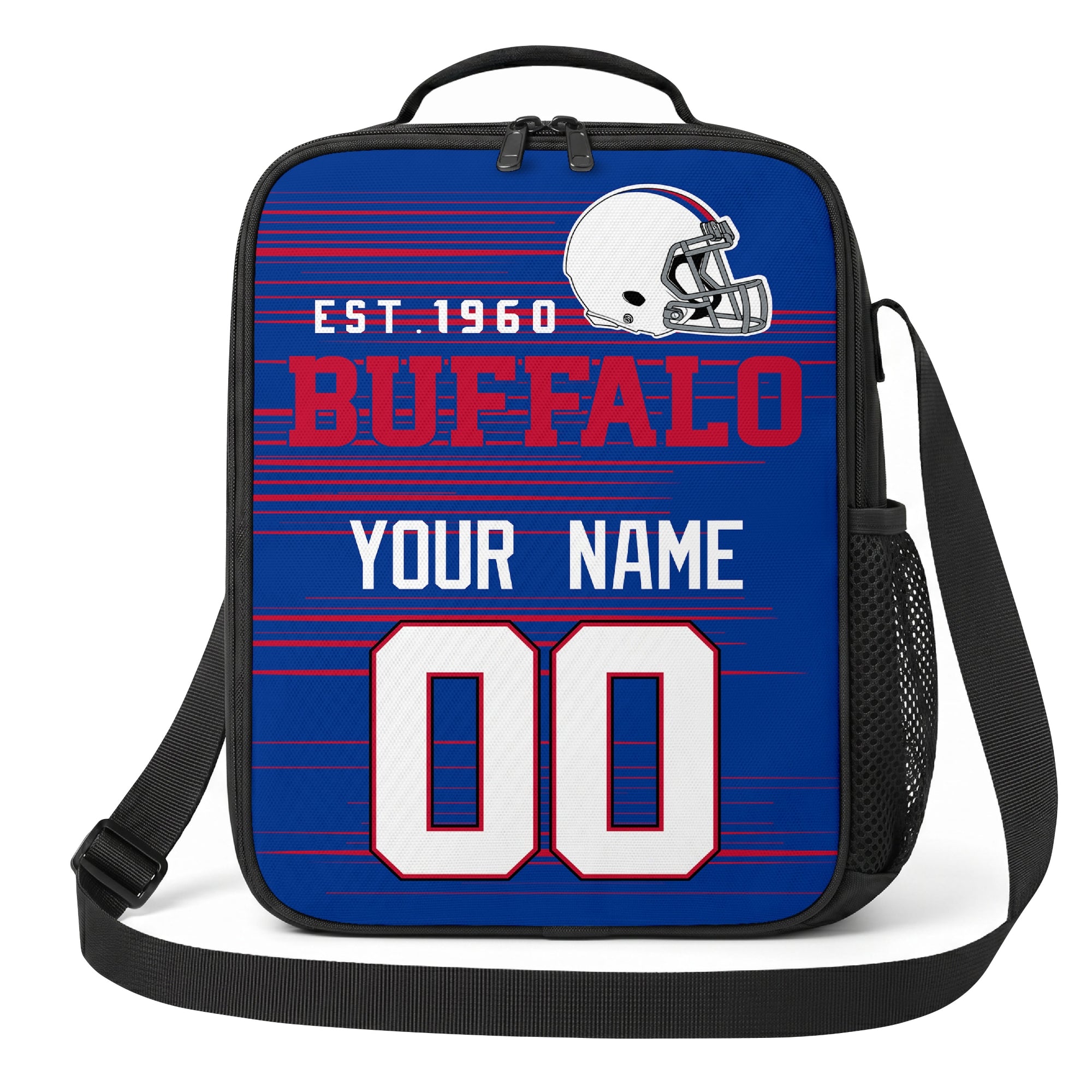 Buffalo blue red and white personalized football shoulder bag alternate angled view with side mesh pocket and custom name number design