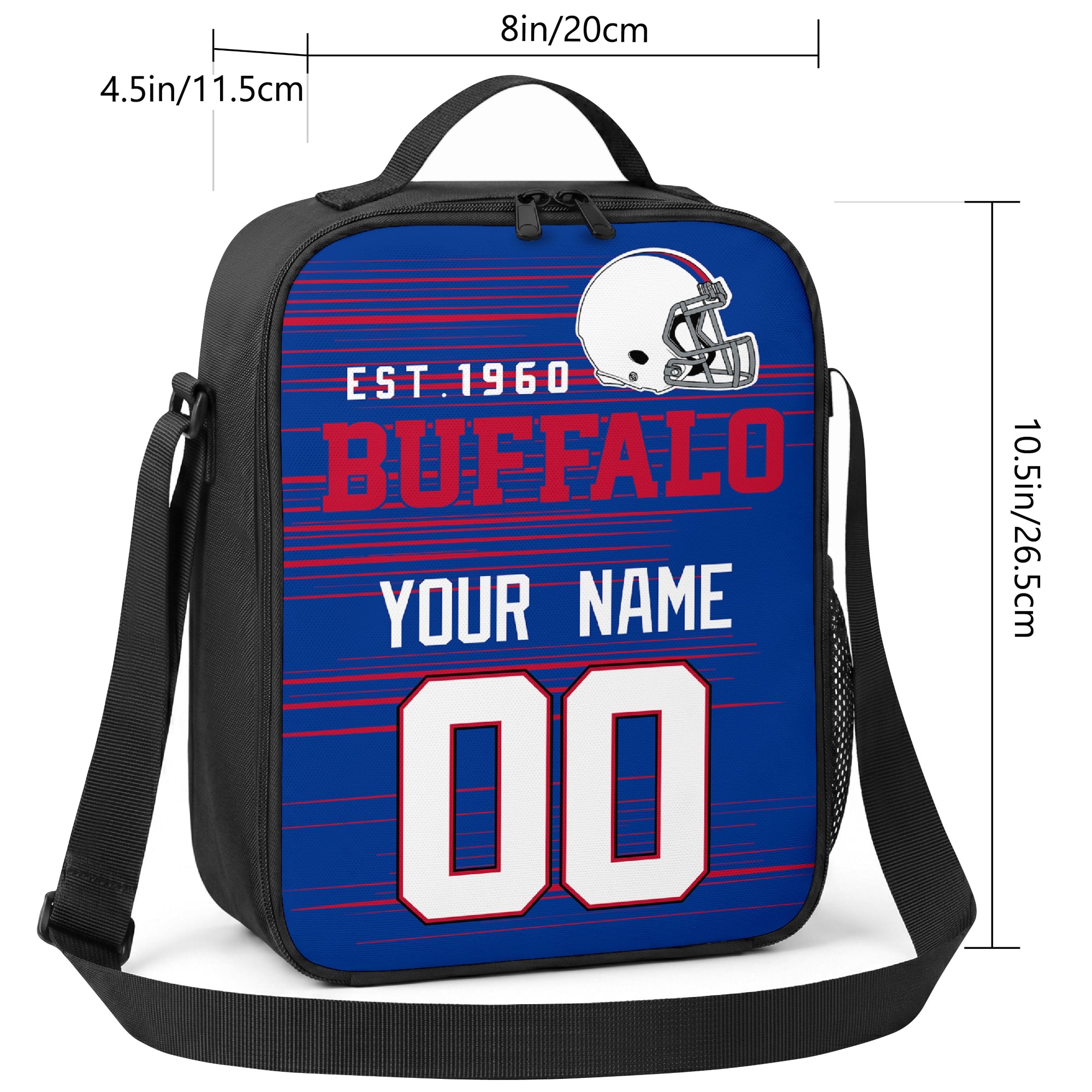 Buffalo personalized football shoulder bag size guide showing 8 inch width 4.5 inch depth and 10.5 inch height