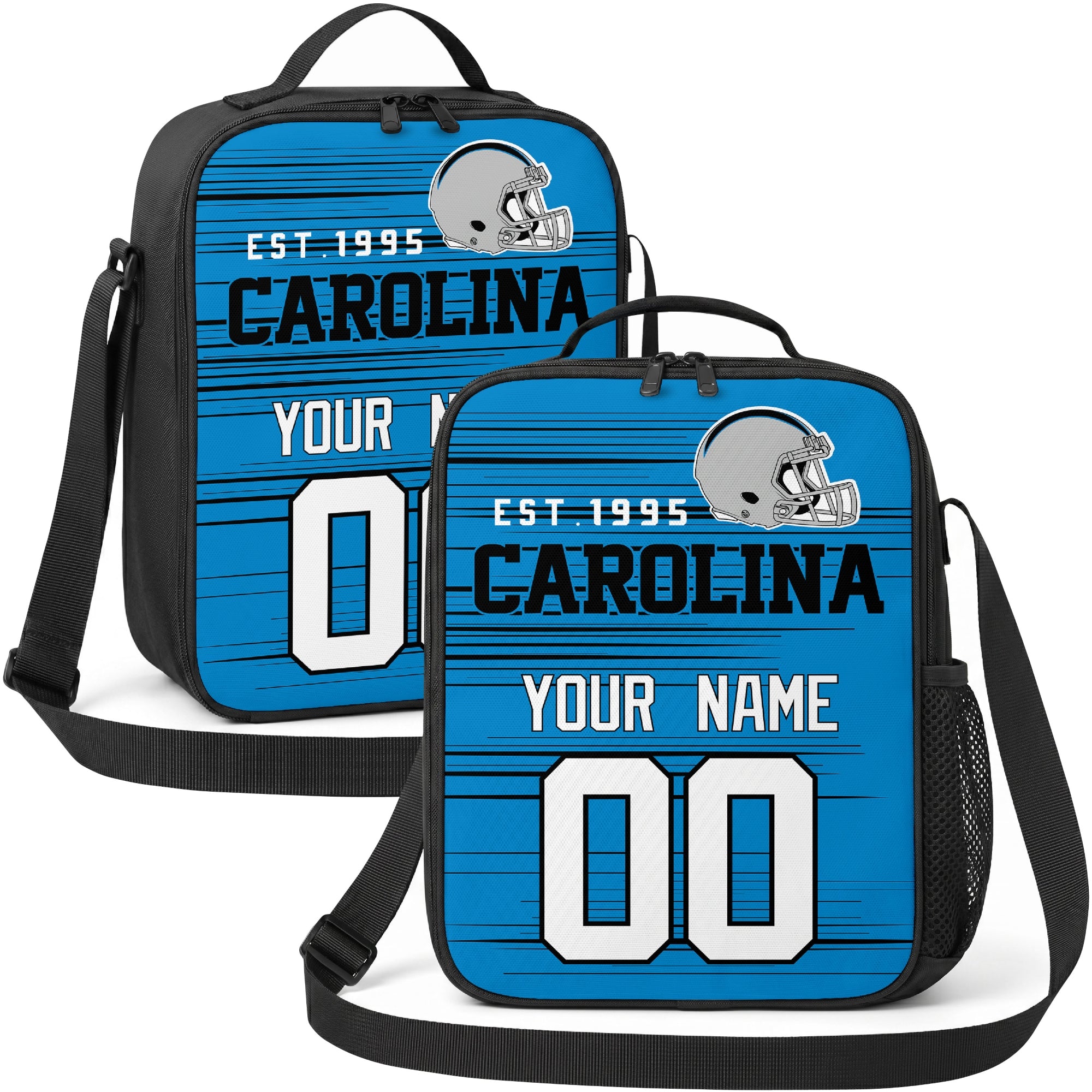Carolina personalized football shoulder bag in bright blue black and white showing front and angled views with custom name and number