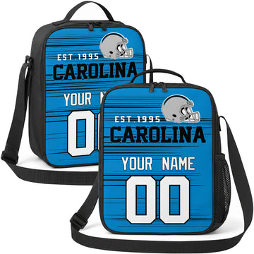 Carolina personalized football shoulder bag in bright blue black and white showing front and angled views with custom name and number