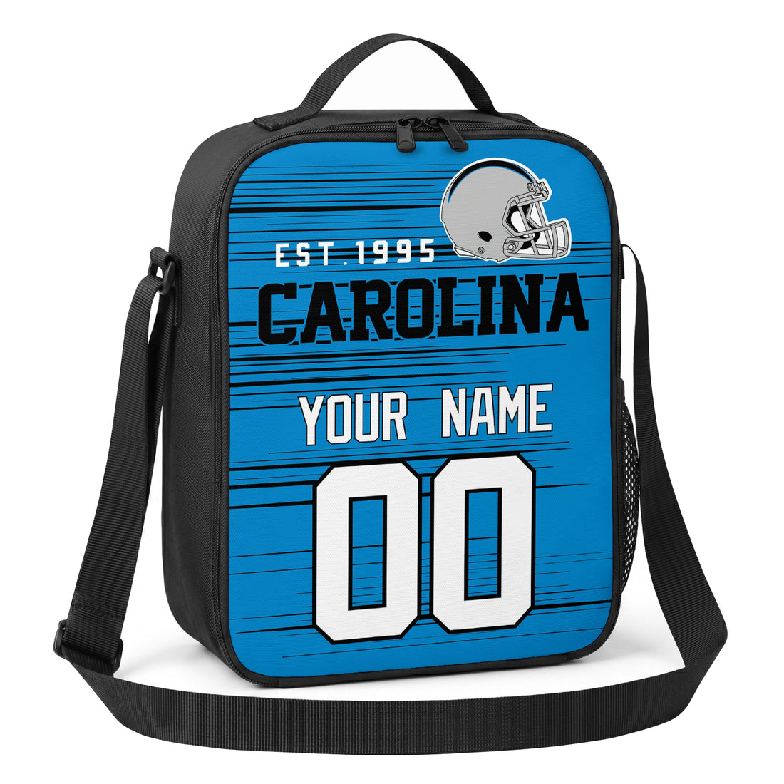 Carolina personalized football shoulder bag in bright blue black and white showing front and angled views with custom name and number