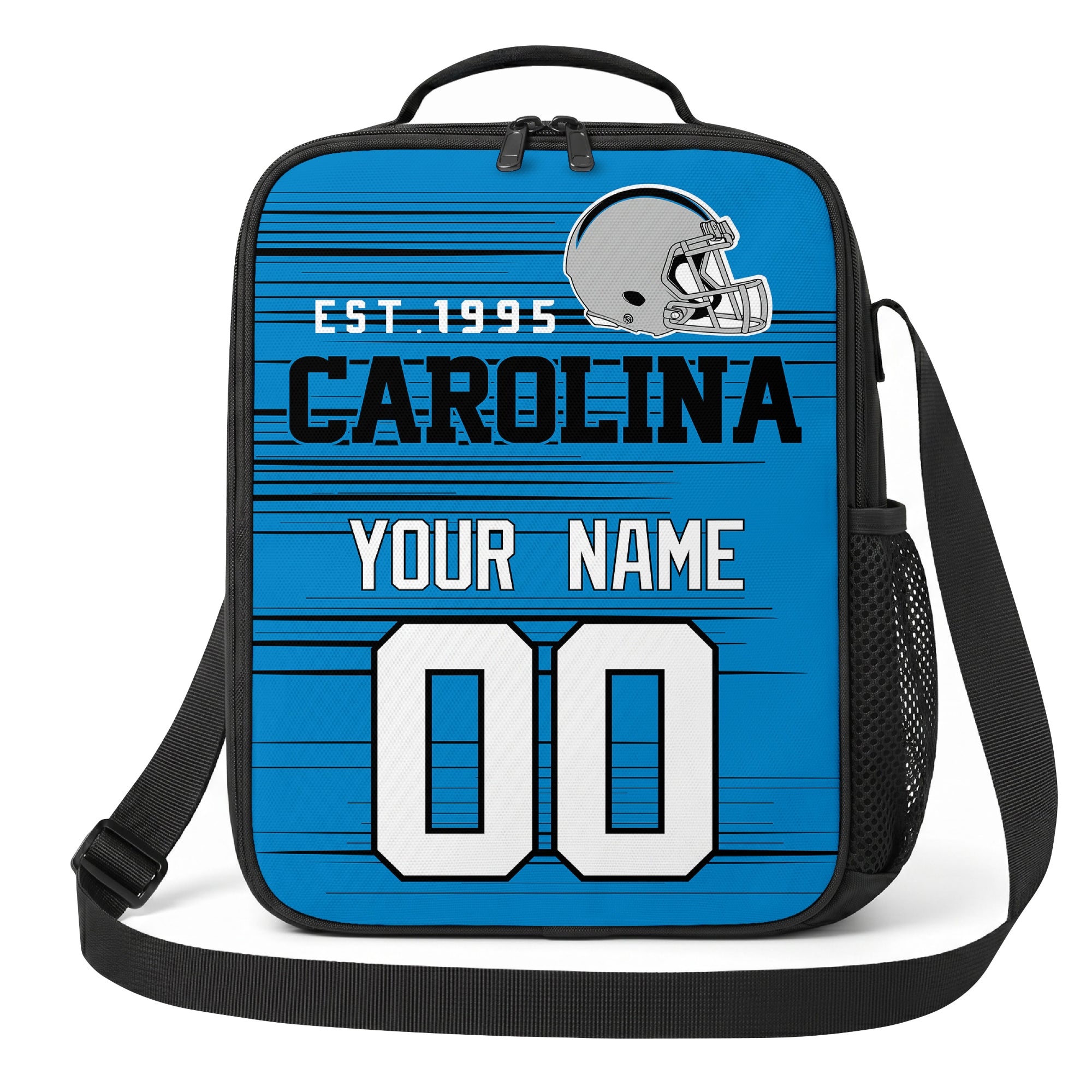 Carolina bright blue black and white personalized football shoulder bag alternate angled view with side mesh pocket and custom name number design
