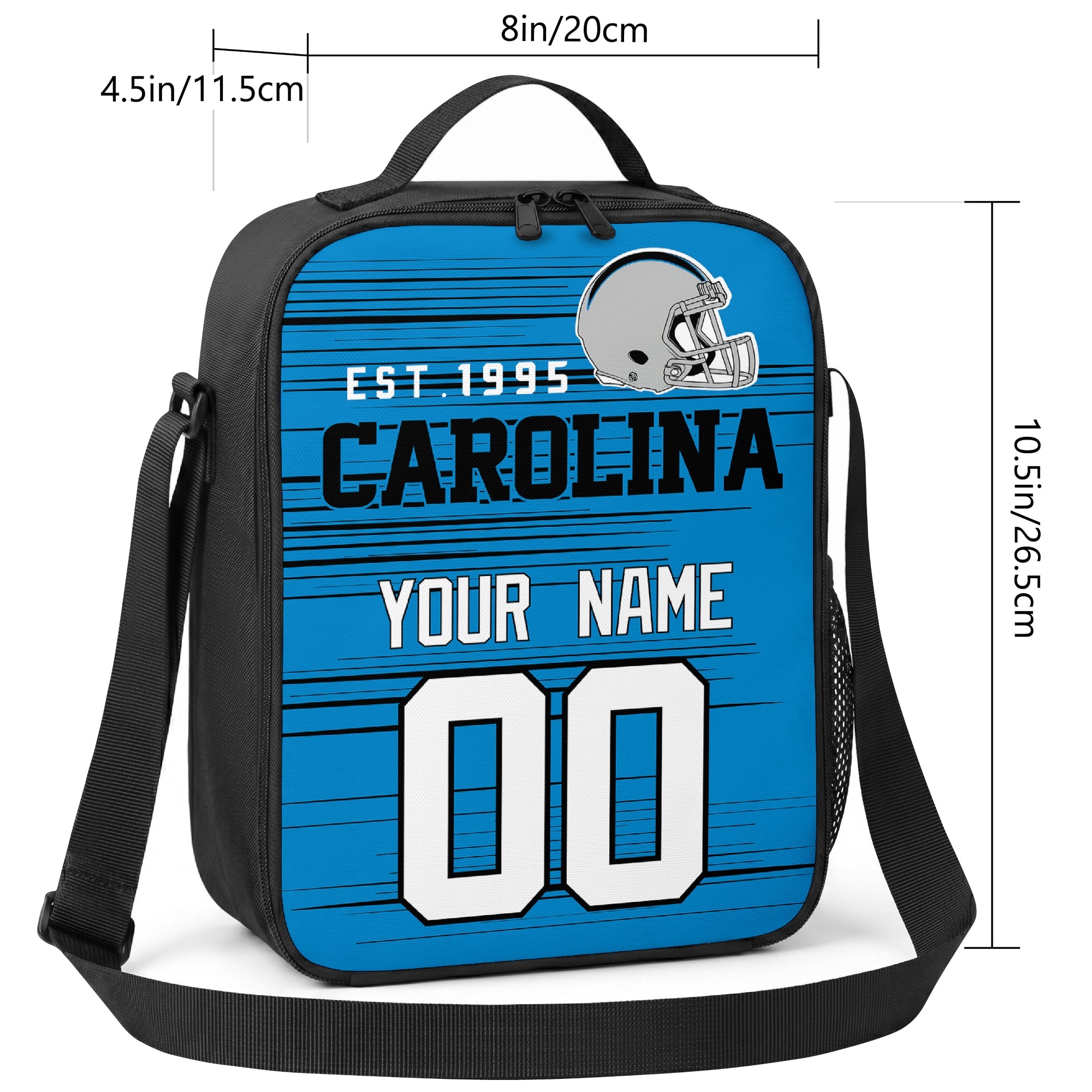 Carolina personalized football shoulder bag size guide showing 8 inch width 4.5 inch depth and 10.5 inch height
