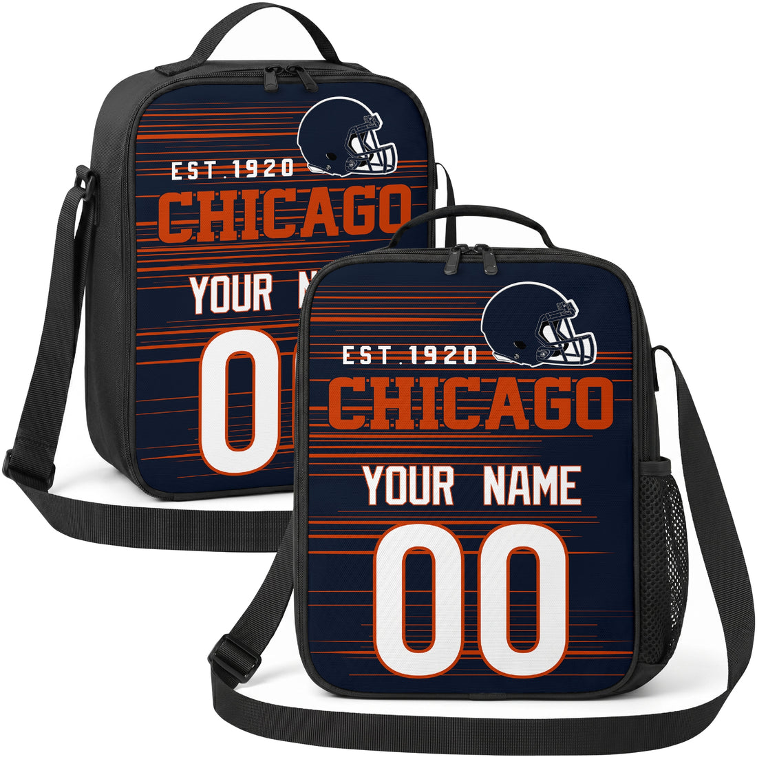 Chicago personalized football shoulder bag in navy orange and white showing front and angled views with custom name and number