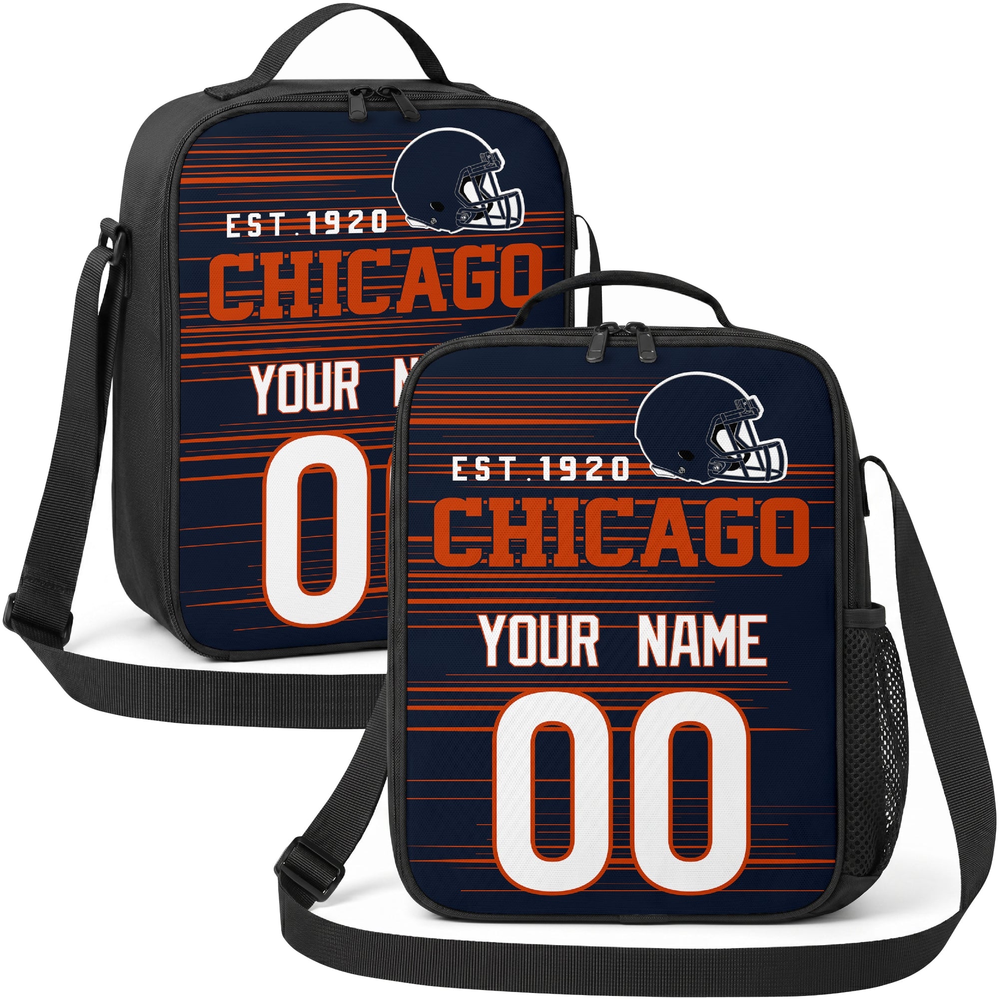 Chicago personalized football shoulder bag in navy orange and white showing front and angled views with custom name and number