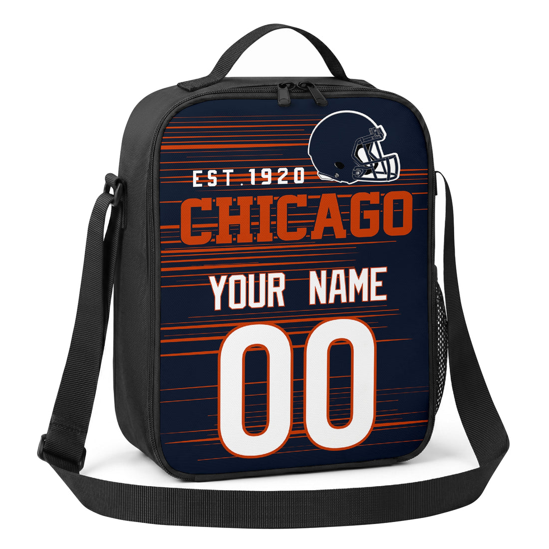 Chicago personalized football shoulder bag in navy orange and white showing front and angled views with custom name and number