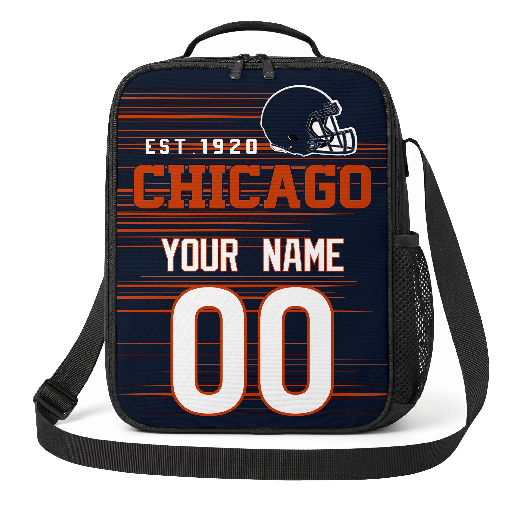 Chicago navy orange and white personalized football shoulder bag alternate angled view with side mesh pocket and custom name number design