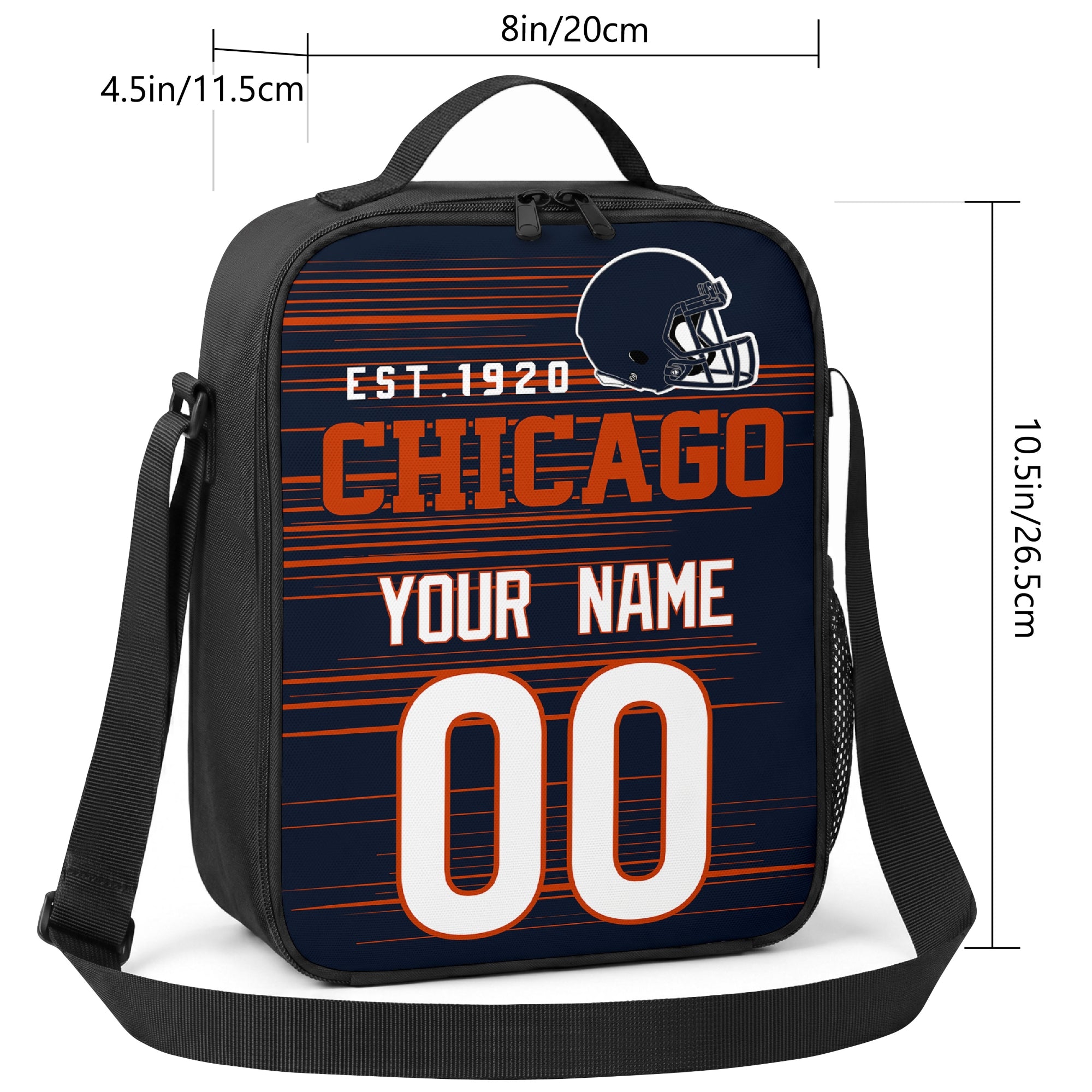 Chicago personalized football shoulder bag size guide showing 8 inch width 4.5 inch depth and 10.5 inch height