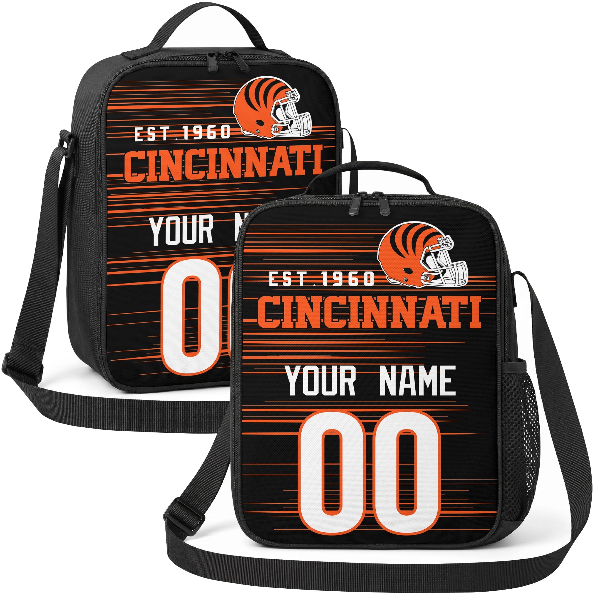Cincinnati personalized football shoulder bag in orange black and white showing front and angled views with custom name and number