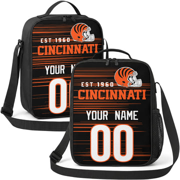 Cincinnati personalized football shoulder bag in orange black and white showing front and angled views with custom name and number