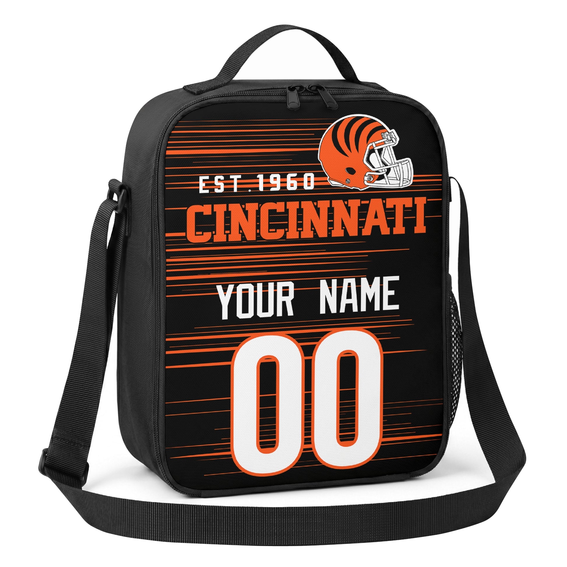 Cincinnati orange black and white personalized football shoulder bag angled view with top handle and shoulder strap