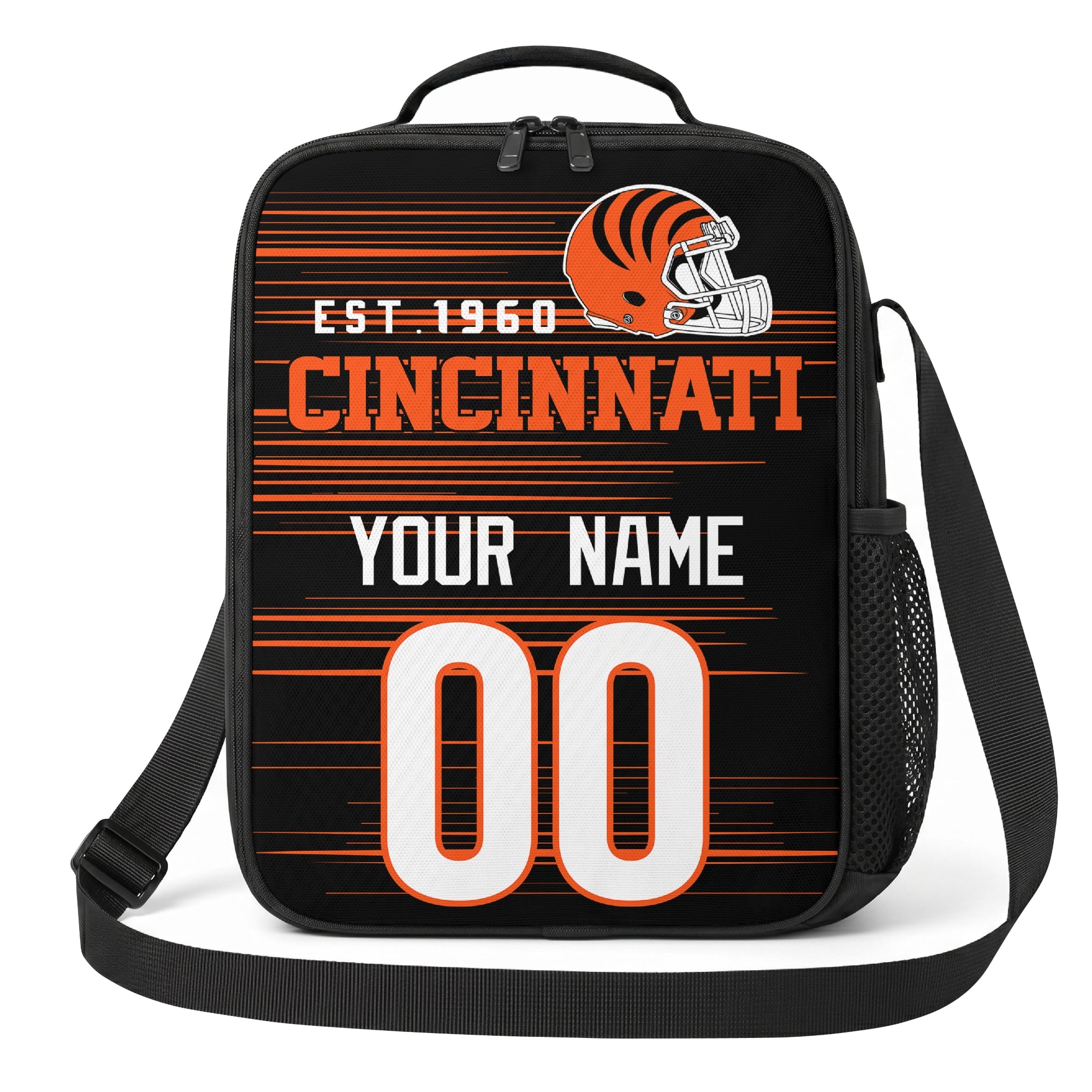 Cincinnati orange black and white personalized football shoulder bag alternate angled view with side mesh pocket and custom name number design