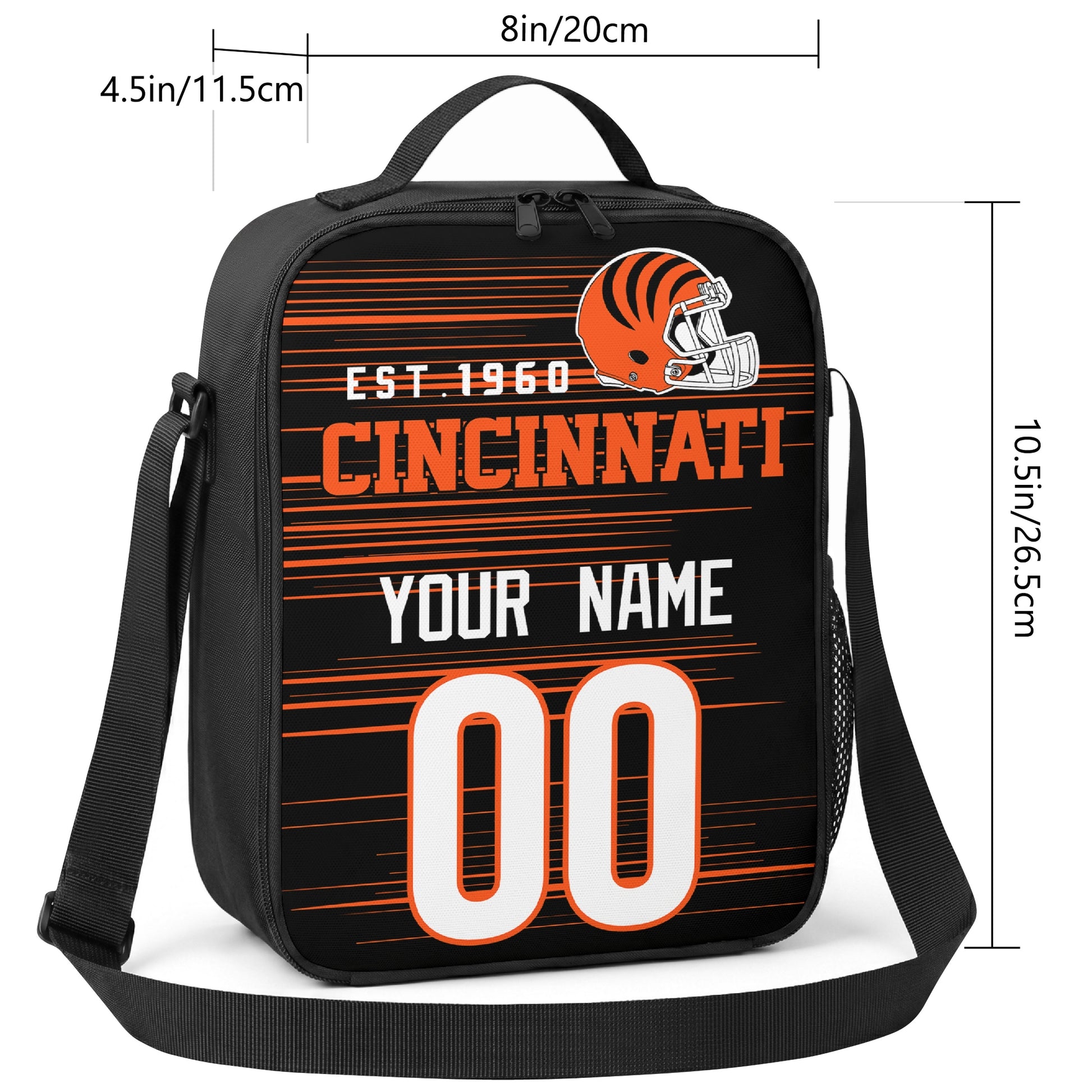 Cincinnati personalized football shoulder bag size guide showing 8 inch width 4.5 inch depth and 10.5 inch height