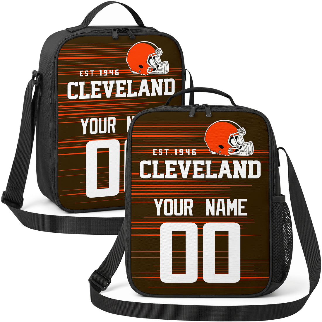 Cleveland personalized football shoulder bag in brown orange and white showing front and angled views with custom name and number